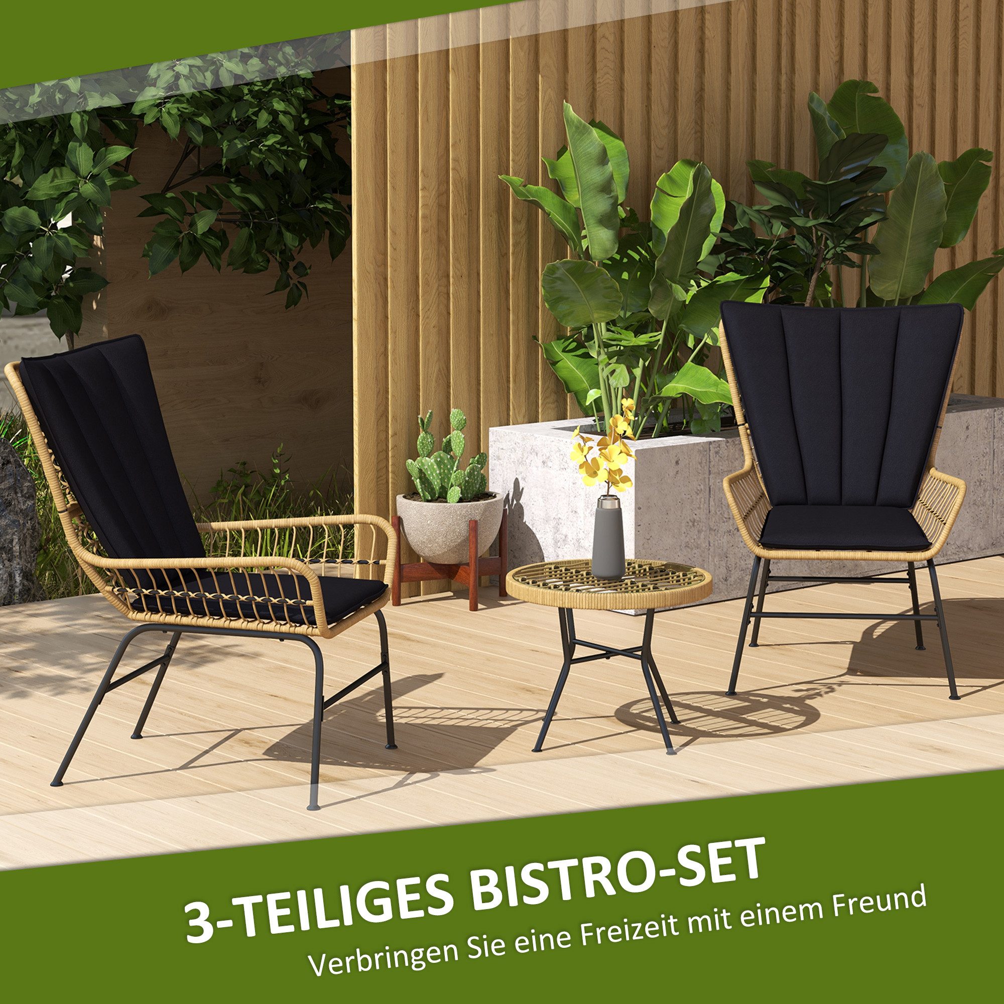 Outsunny Sitzgruppe Gartenmöbel-Set mit 2 Stühlen, Beistelltisch, (Bistro-Set, 3-tlg., 3-teiliges Set bestehend aus zwei Sesseln und einem Tisch), Ergonomische Rückenlehne