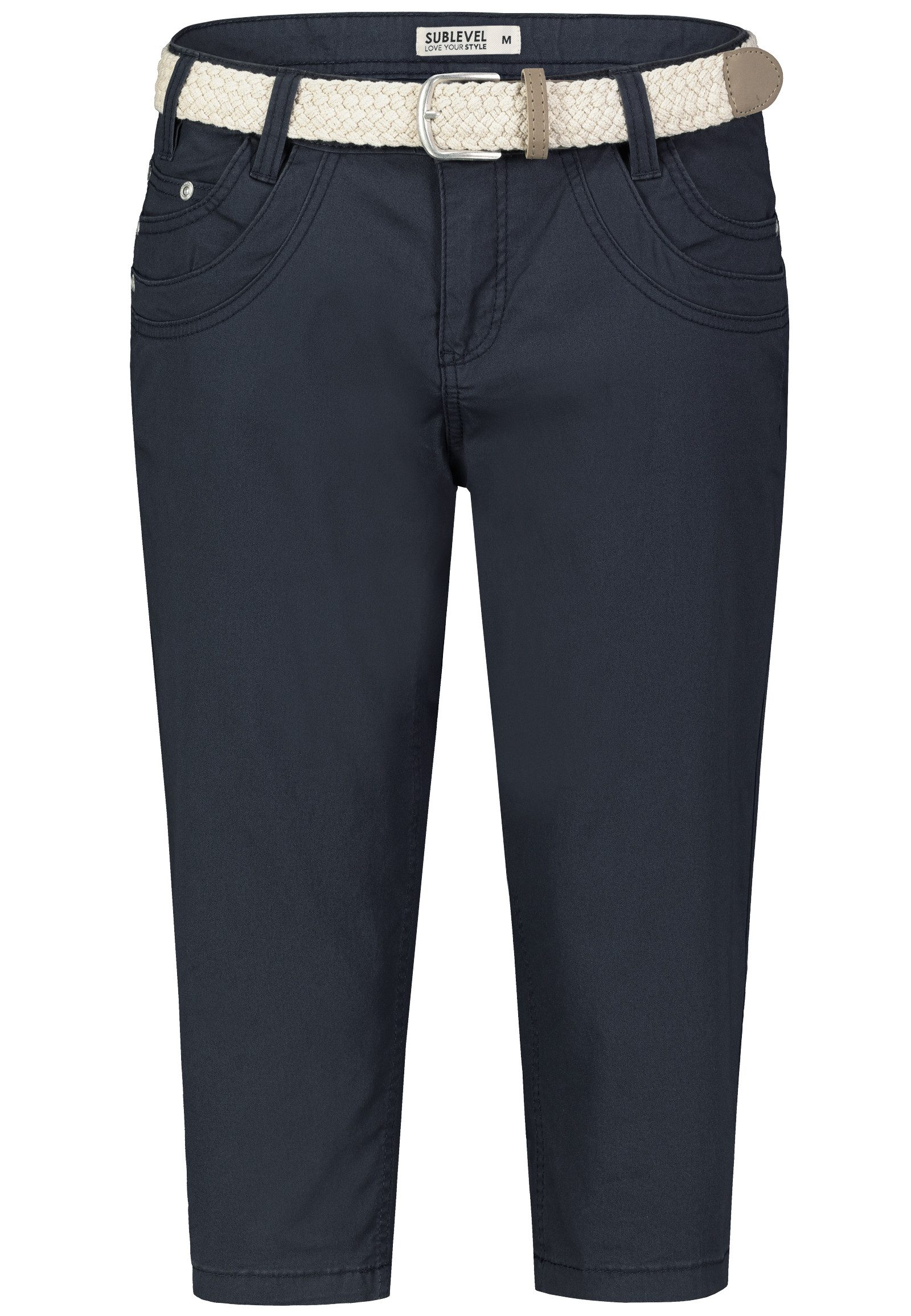 SUBLEVEL Caprihose Damen 3/4-Hose mit Flechtgürtel Baumwoll-Stretch-Hose, Eingrifftaschen