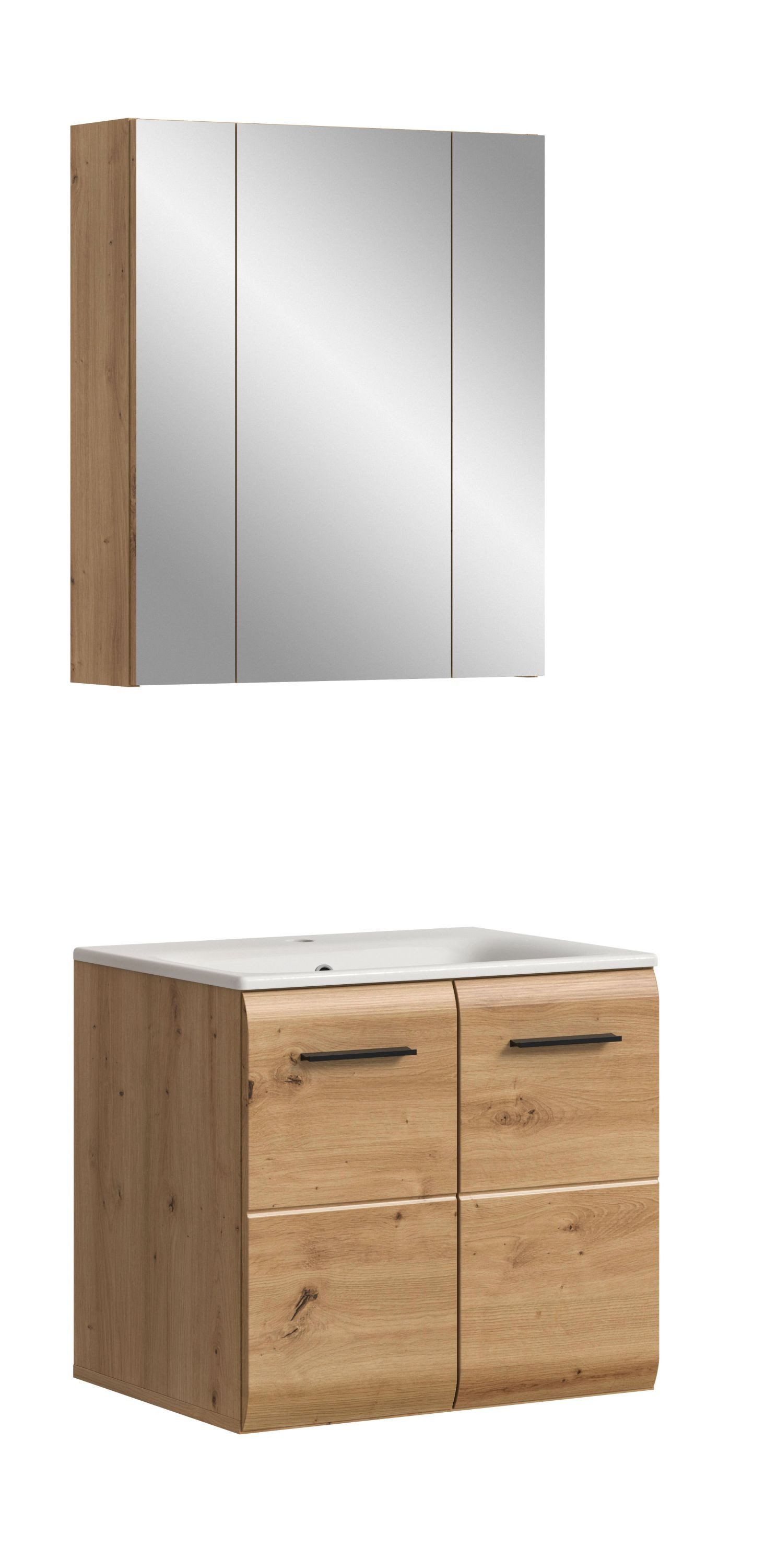 xonox.home Badmöbel-Set, (2tlg. Set inkl. Waschtisch Inkl. Waschbecken, Spiegelschrank), Artisan Oak Nachbildung Melamin beschichtet modern 60x185x46 cm