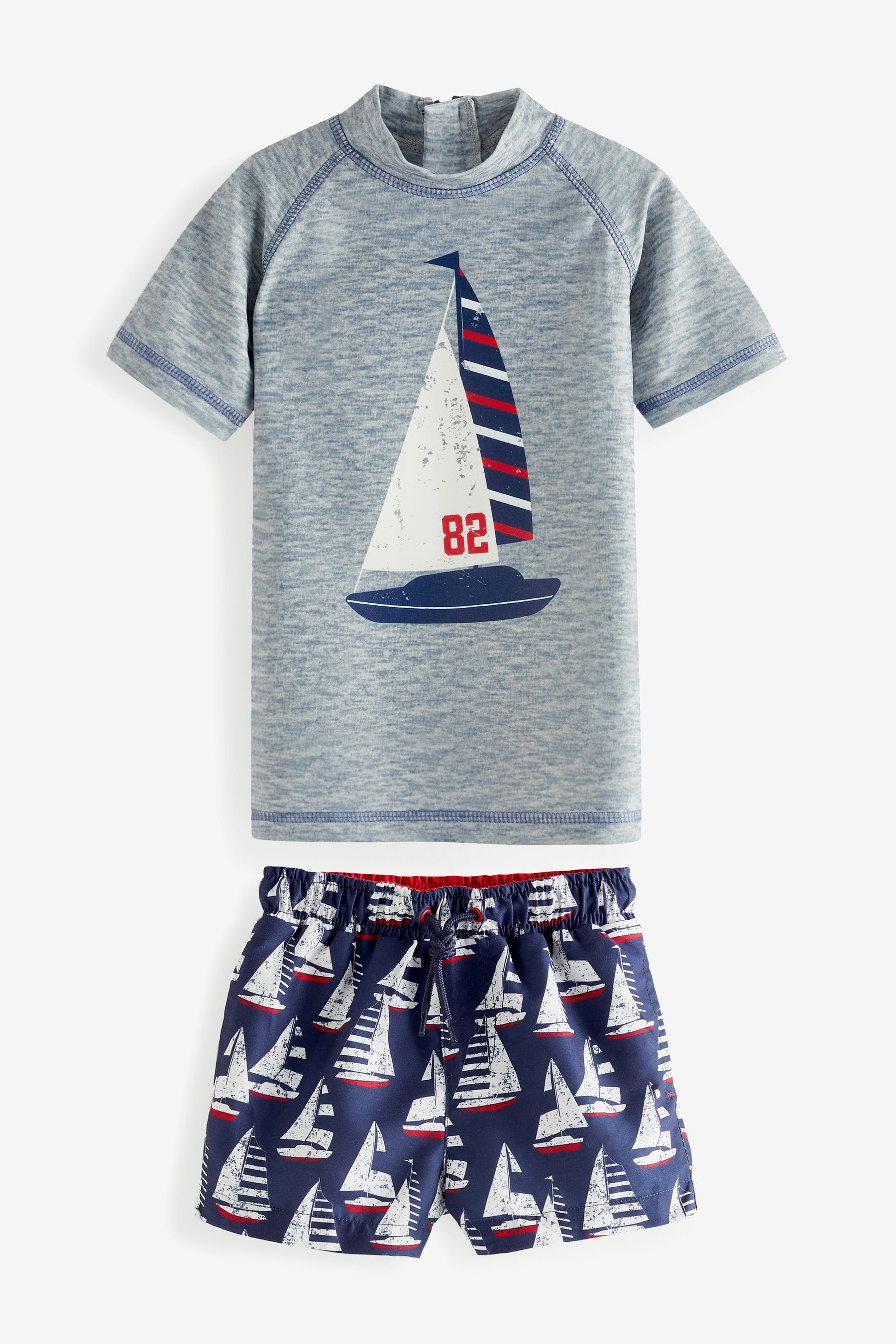 Next Badeanzug Zweiteiliges Sonnenschutzset mit Top und Shorts (2-St) Grey/Navy Blue Boat
