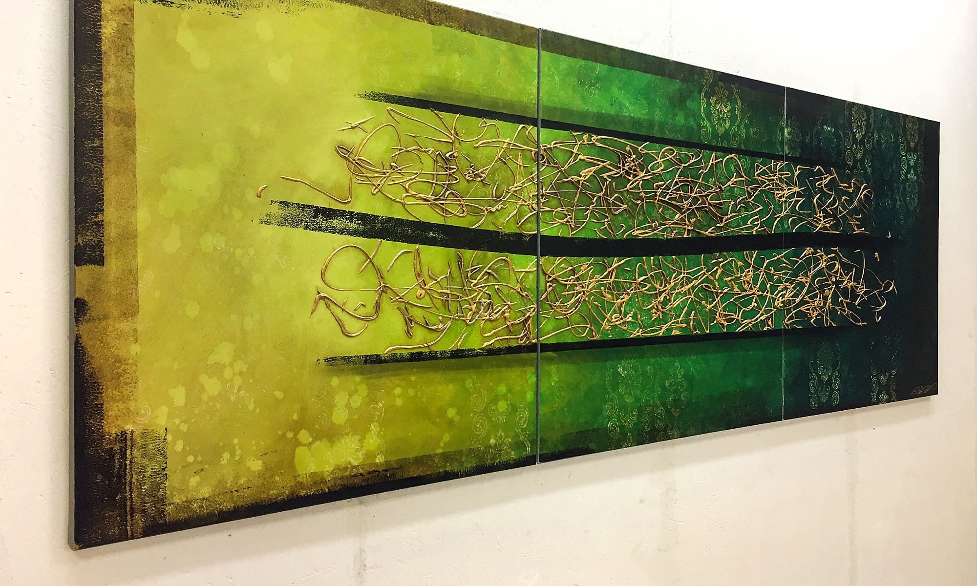 WandbilderXXL XXL-Wandbild Jungle Gold 210 x 80 cm, Abstraktes Gemälde, handgemaltes Unikat