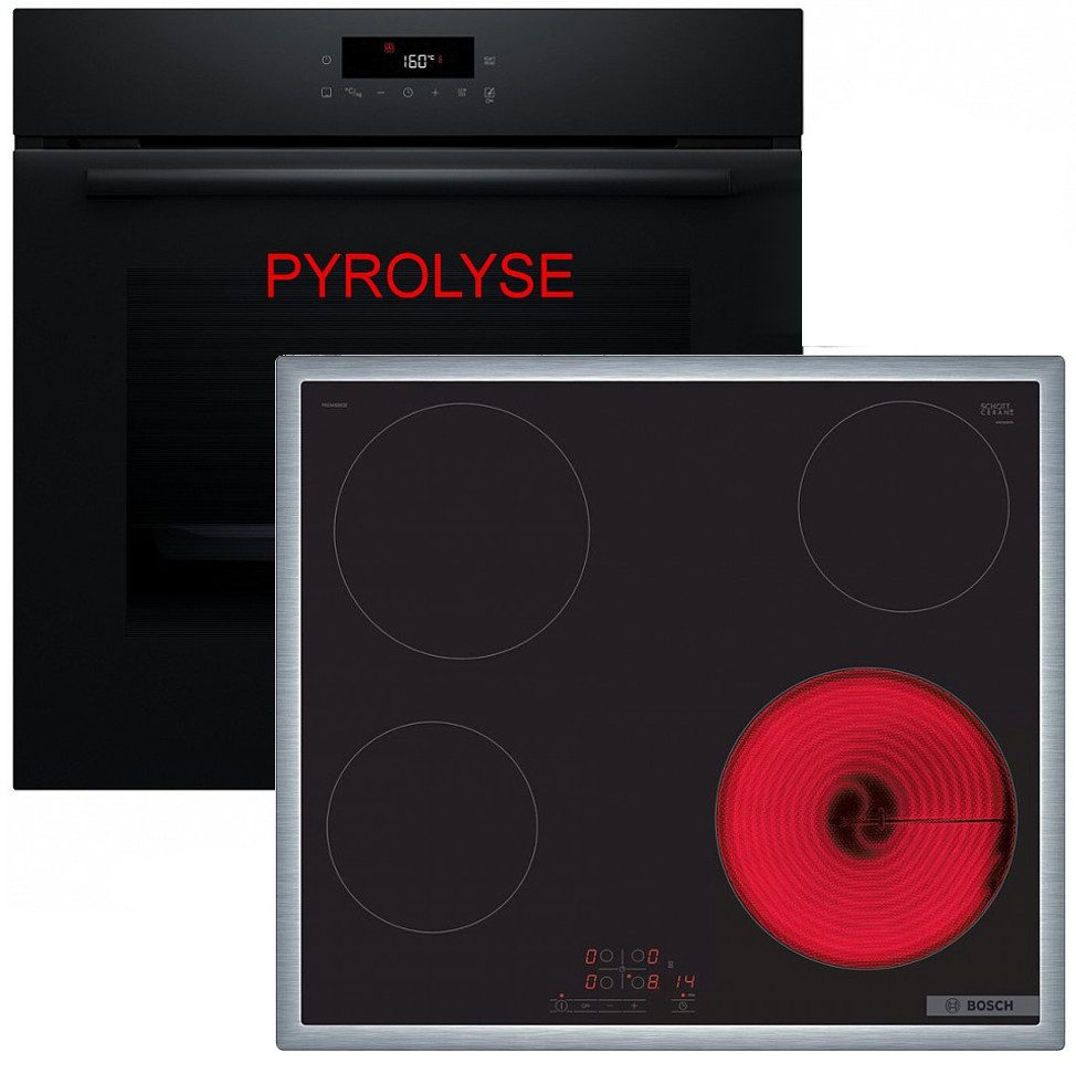 BOSCH Elektro-Herd-Set Bosch Pyrolyse Herdset Autark Backofen + Kochfeld - Rahmen, Pyrolyse-Selbstreinigung, Pyrolyse + Hydrolyse