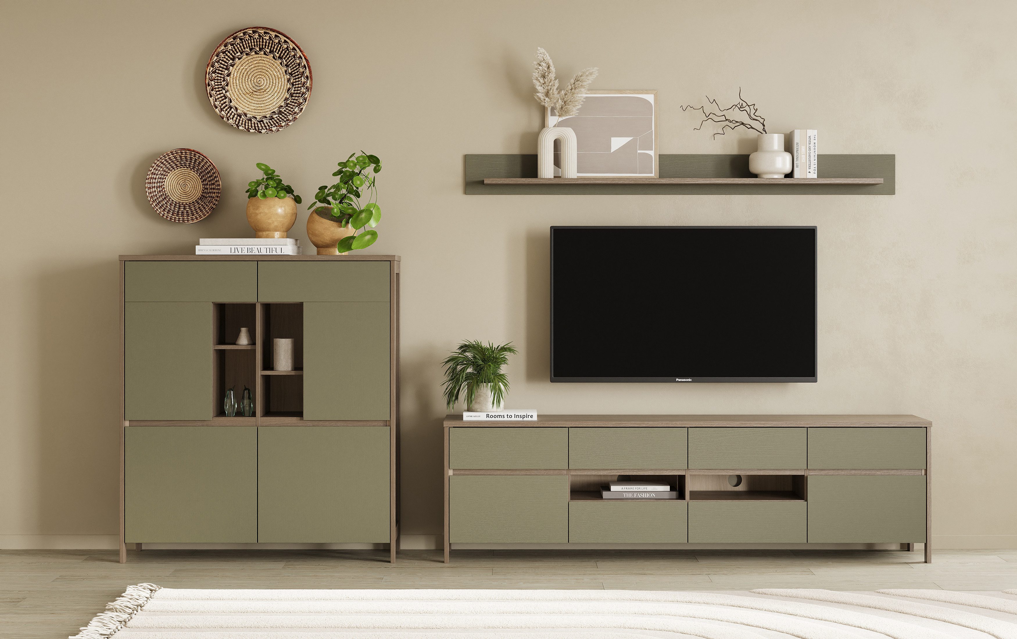 Home affaire Wohnwand Stranda, moderne Anbauwand, Komplettset im Scandi-Style, (3-St), enthält Lowboard, Highboard und Wandboard, 324 cm breit