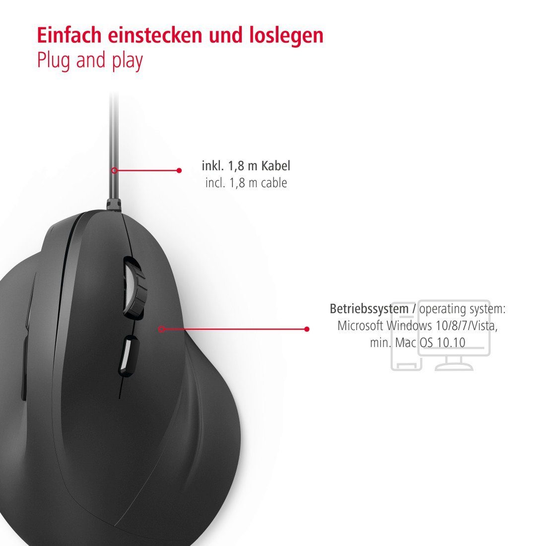 Hama Ergonomische vertikale Maus für PC Laptop, mit Kabel, 1,8 m, Schwarz ergonomische Maus (USB, kabelgebunden, Vorbeugung Tennisarm/Mausarm)