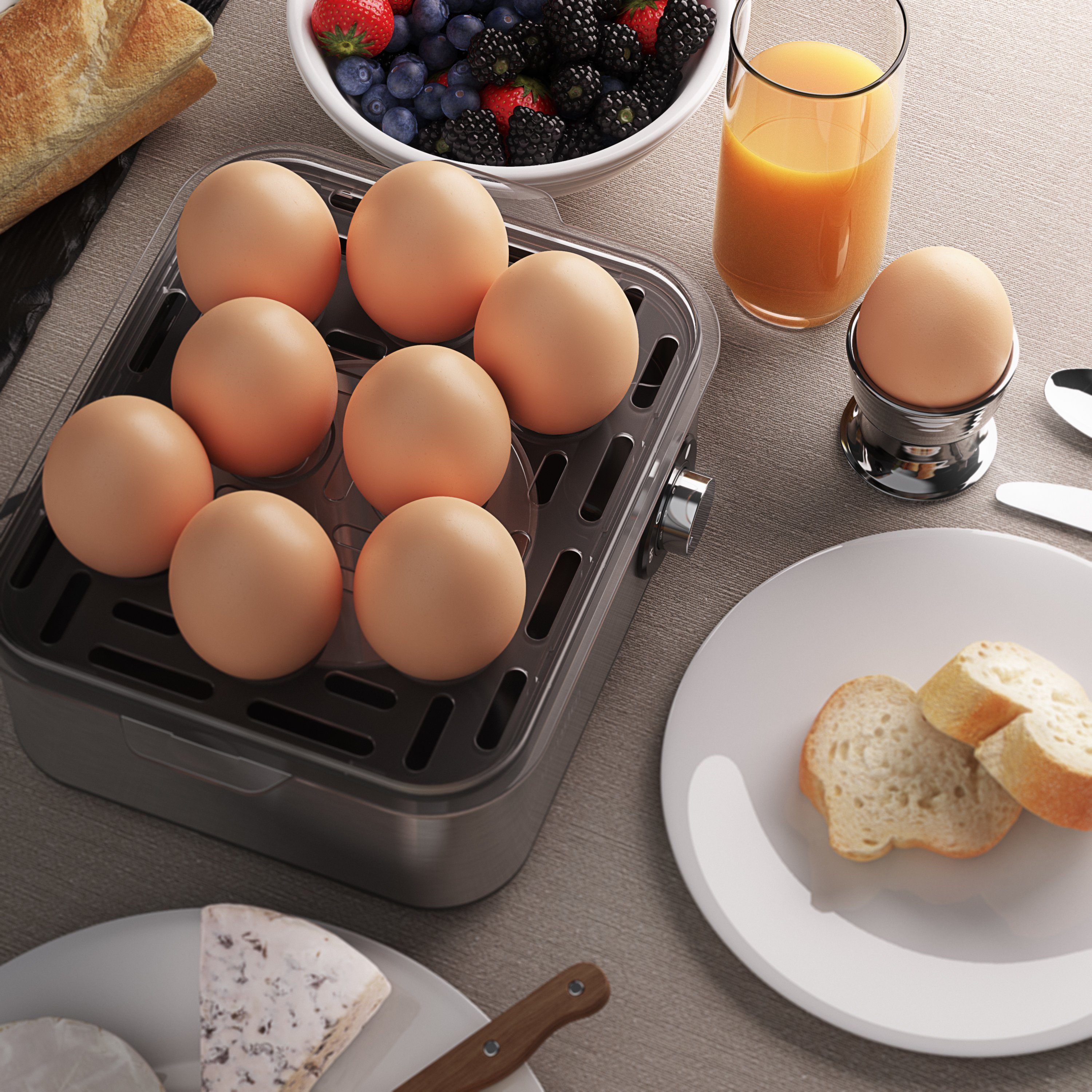 Frühstücks-Set (2-tlg), 8er Arendo Eierkocher, 2-Scheiben Langschlitz Silber Toaster,