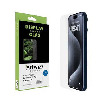 Artwizz SecondDisplay, 3er Pack, Displayschutz aus Hartglas mit 9H Schutzgrad für iPhone 15 / 15 Pro, Displayschutzglas, Hartglas
