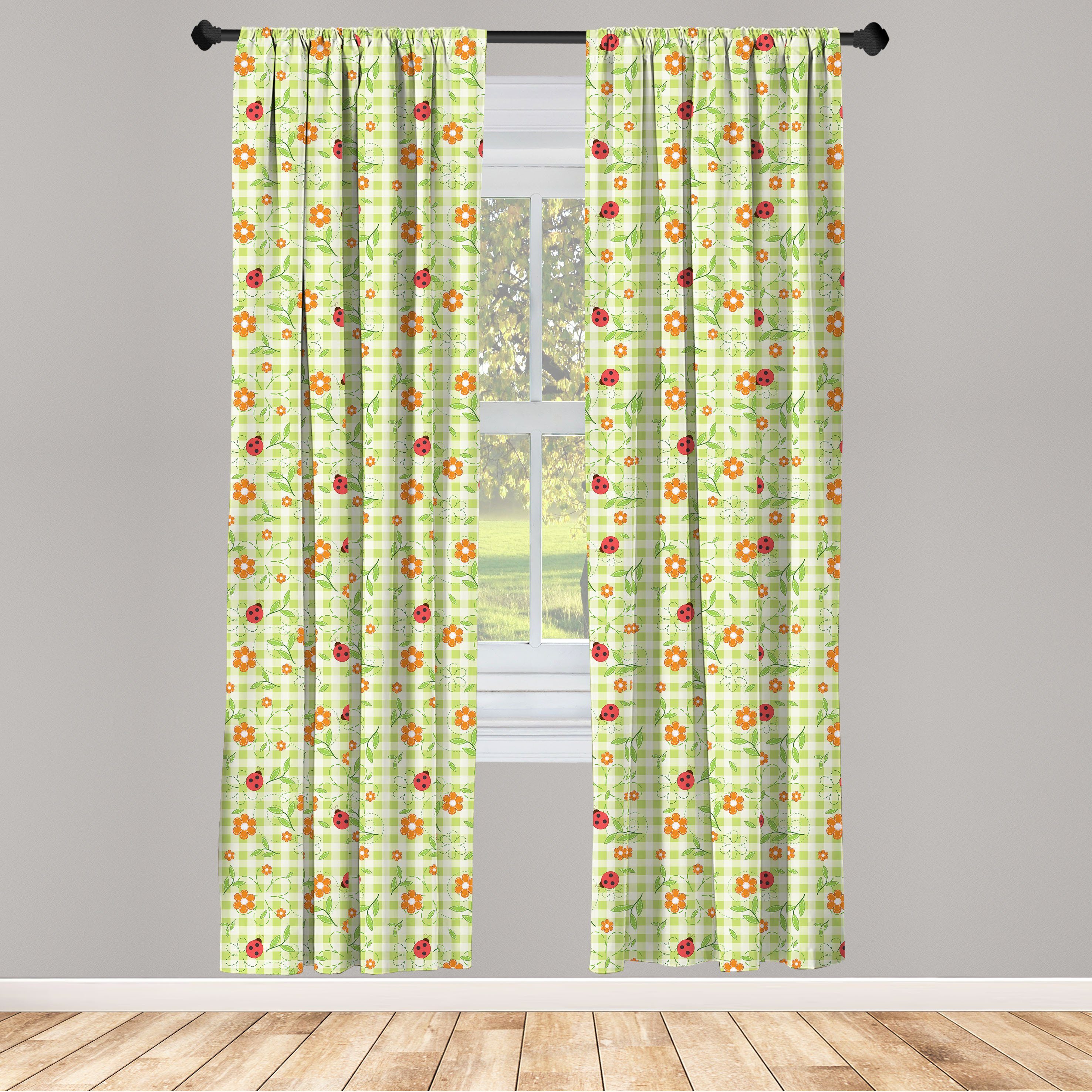 Gardine Vorhang für Wohnzimmer Schlafzimmer Dekor, Abakuhaus, Microfaser, Sommer Marienkäfer-Blumen-Blätter