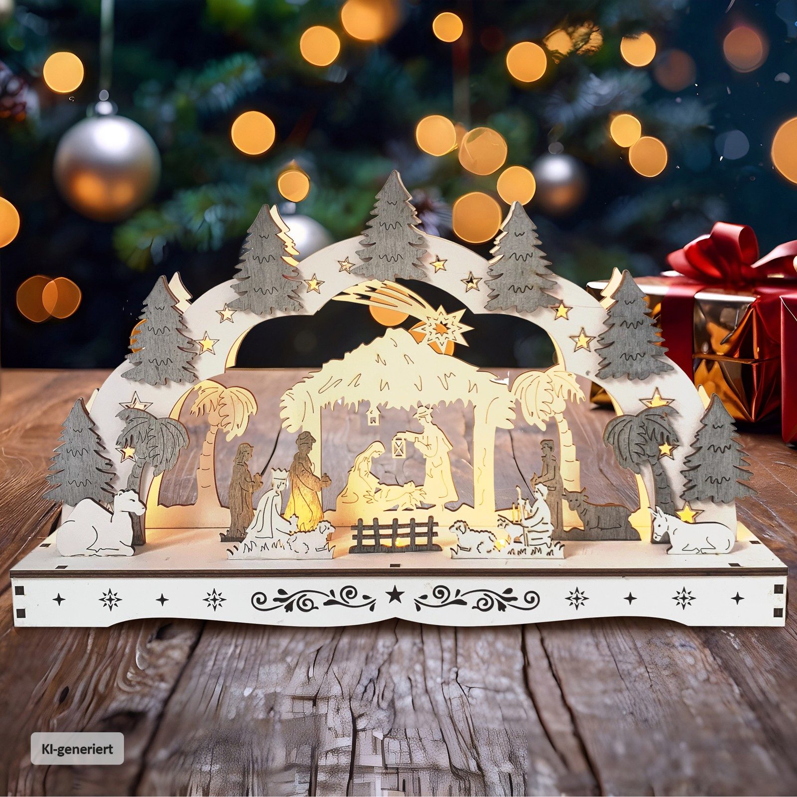 HTI-Living Schwibbogen Schwibbogen Heilige Familie mit Krippe Weiß Grau (1-tlg), Lichterbogen Weihnachtsdeko batteriebetrieben
