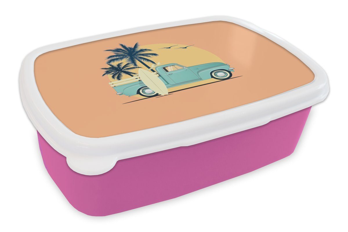 MuchoWow Lunchbox Bus - Vogel - Palme - Surfbrett, Kunststoff, (2-tlg), Brotbox für Erwachsene, Brotdose Kinder, Snackbox, Mädchen, Kunststoff rosa