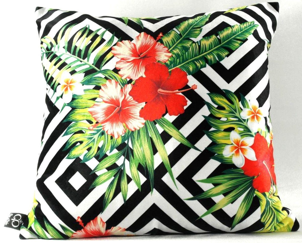 Casa Padrino Dekokissen Luxus Deko Kissen Miami Flowers & Leaves Schwarz / Weiß / Mehrfarbig 45 x 45 cm - Feinster Samtstoff - Luxus Qualität