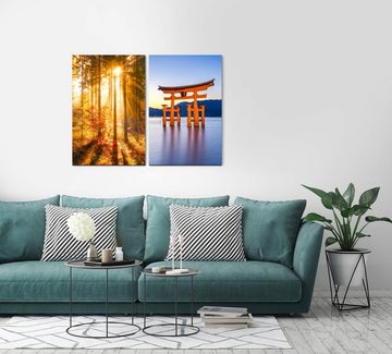 Sinus Art Leinwandbild 2 Bilder je 60x90cm Itsukushima-Schrein Japan Wald See warmes Licht Heilsam positive Energie