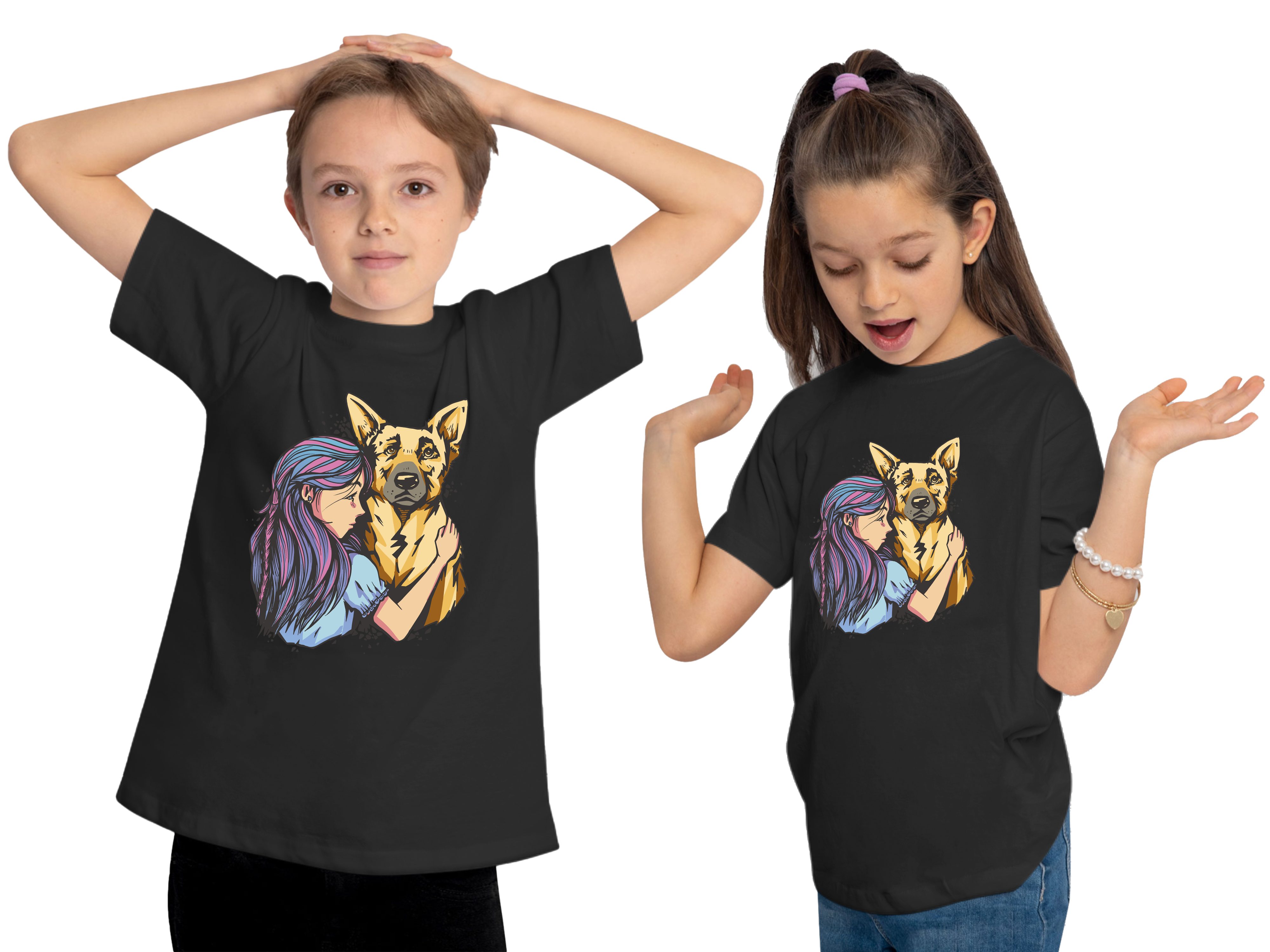 - Mädchen mit mit Kinder Shirt Aufdruck, Schäferhund Baumwollshirt Hunde MyDesign24 Print T-Shirt schwarz bedruckt i258