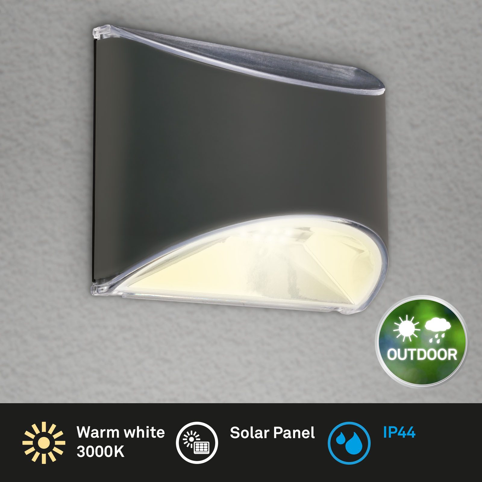 Briloner Leuchten LED Wandleuchte LED Wand-Solarleuchte, anthrazit, 4xLED, Abschaltautomatik, Ein-/Ausschalter, Nachtlichtfunktion, Tageslichtsensor, LED fest i – Bild 4 von 5