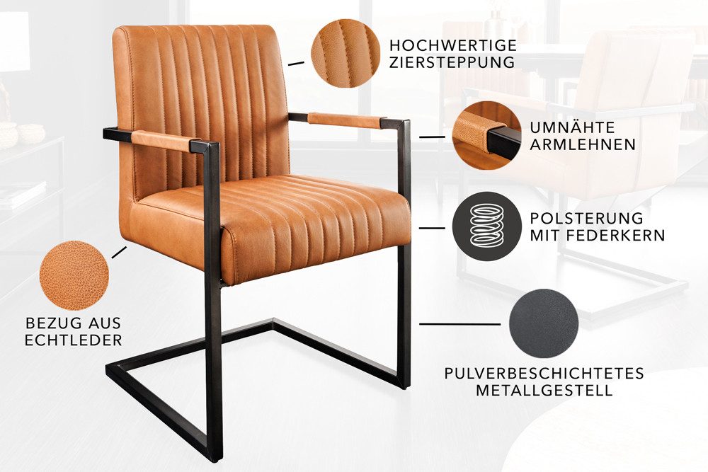 riess-ambiente Freischwinger BIG ASTON vintage cognac – Echtleder, Taschenfederkern, Metall (Einzelartikel, 1 St), inkl. Armlehne für hohen Sitzkomfort – ideal für Dein Loft-Esszimmer