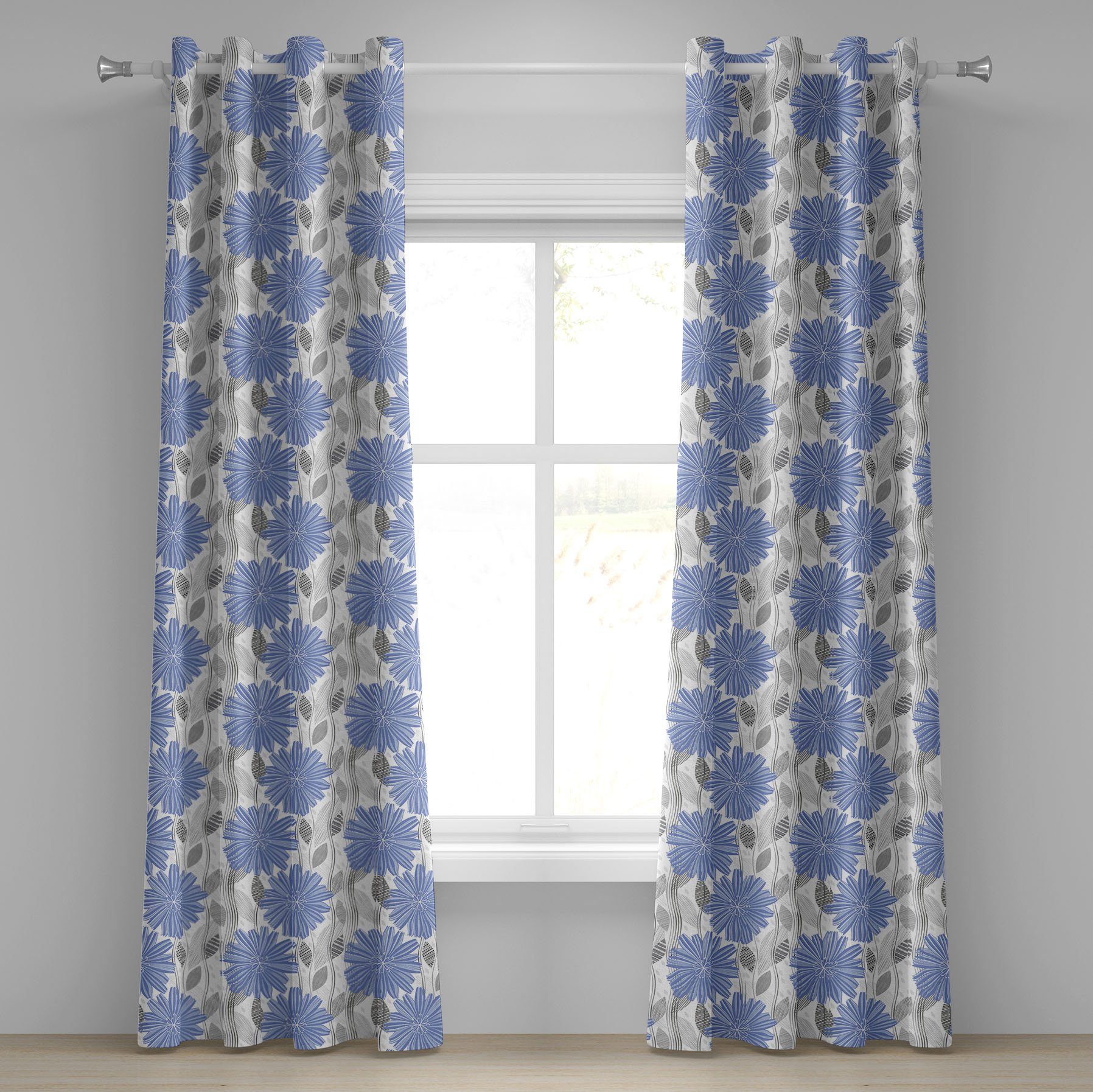 Gardine Dekorative 2-Panel-Fenstervorhänge für Schlafzimmer Wohnzimmer, Abakuhaus, Grau Blau Cornflower Blossom
