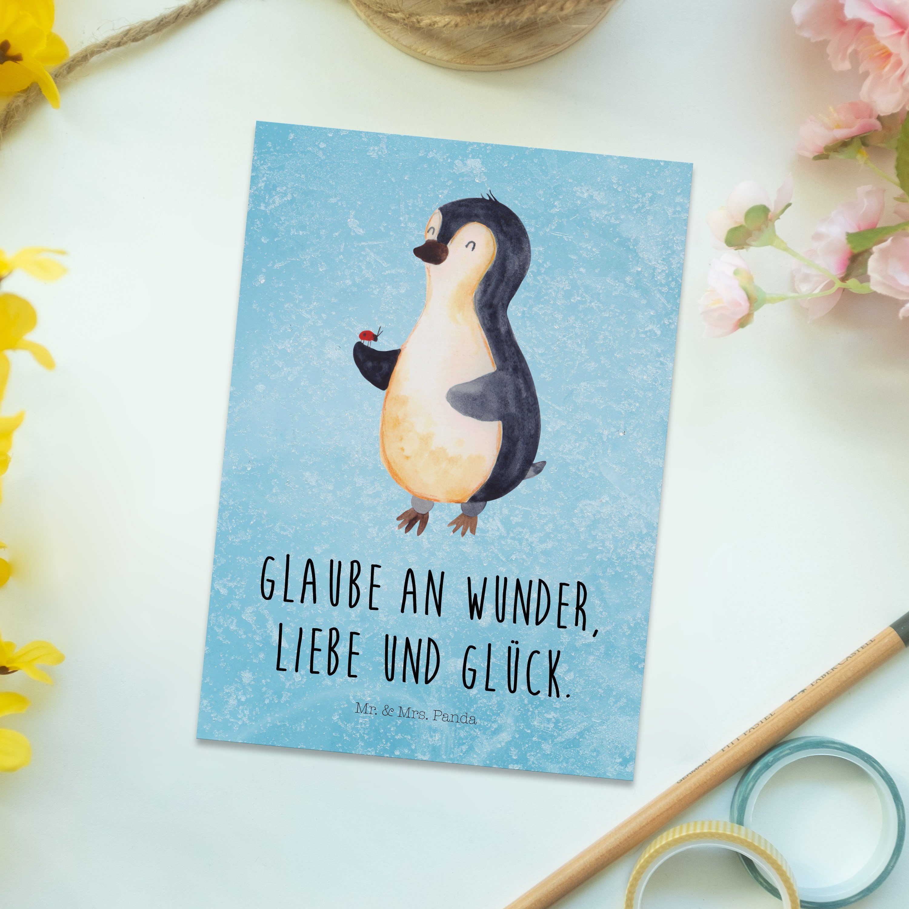 Mr. Geschenk, - & Panda Postkarte Mrs. - Lebensfreude, Marienkäfer Eisblau Pinguin Dankeskarte