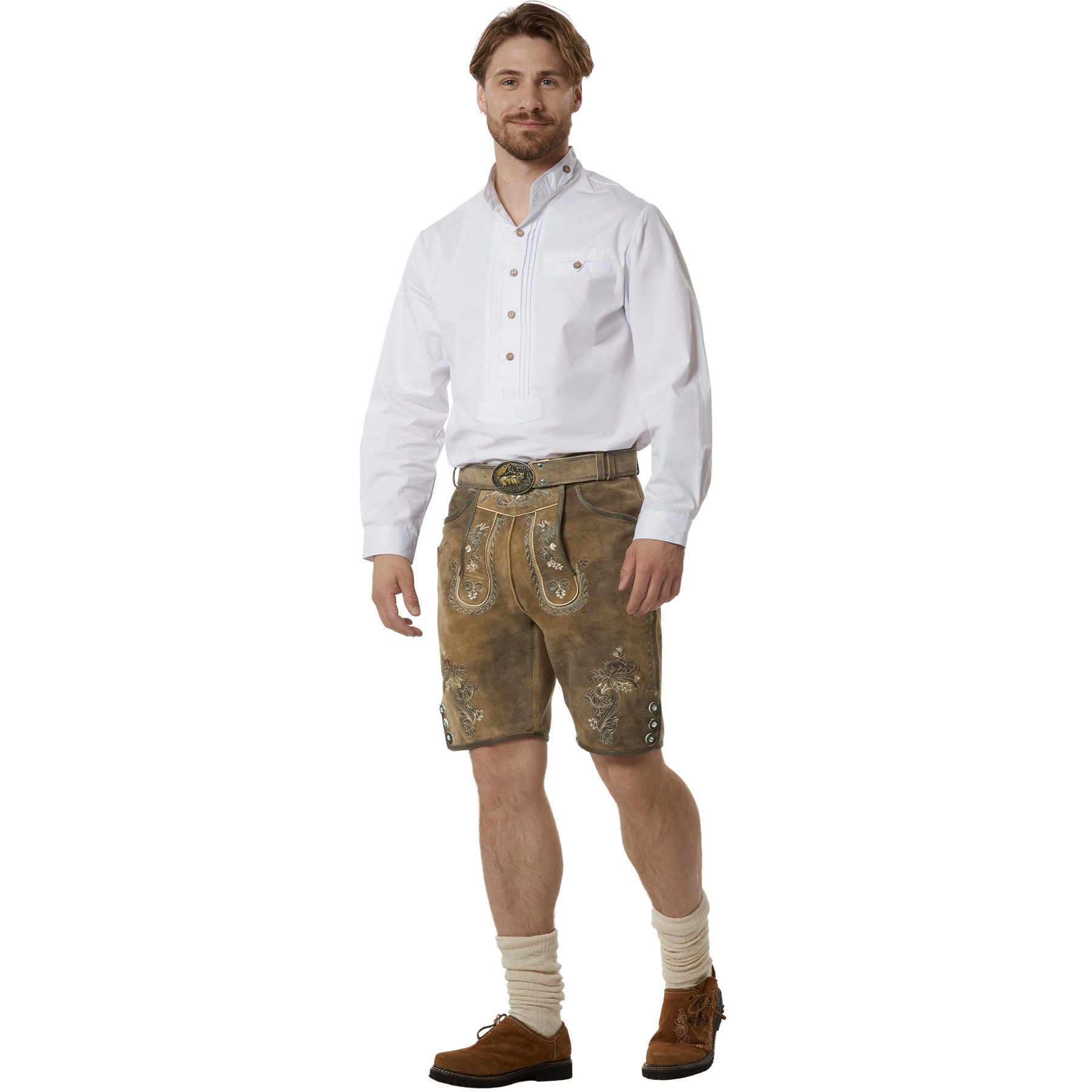 dressforfun Trachtenhose Hochwertige Lederhose aus weichem Ziegenleder mit Stickereien (Herrenhose Moritz, für Volksfeste in Eiche) echte Knochenknöpfe, Inkl. Ledergürtel und verstellbaren Hosenträgern
