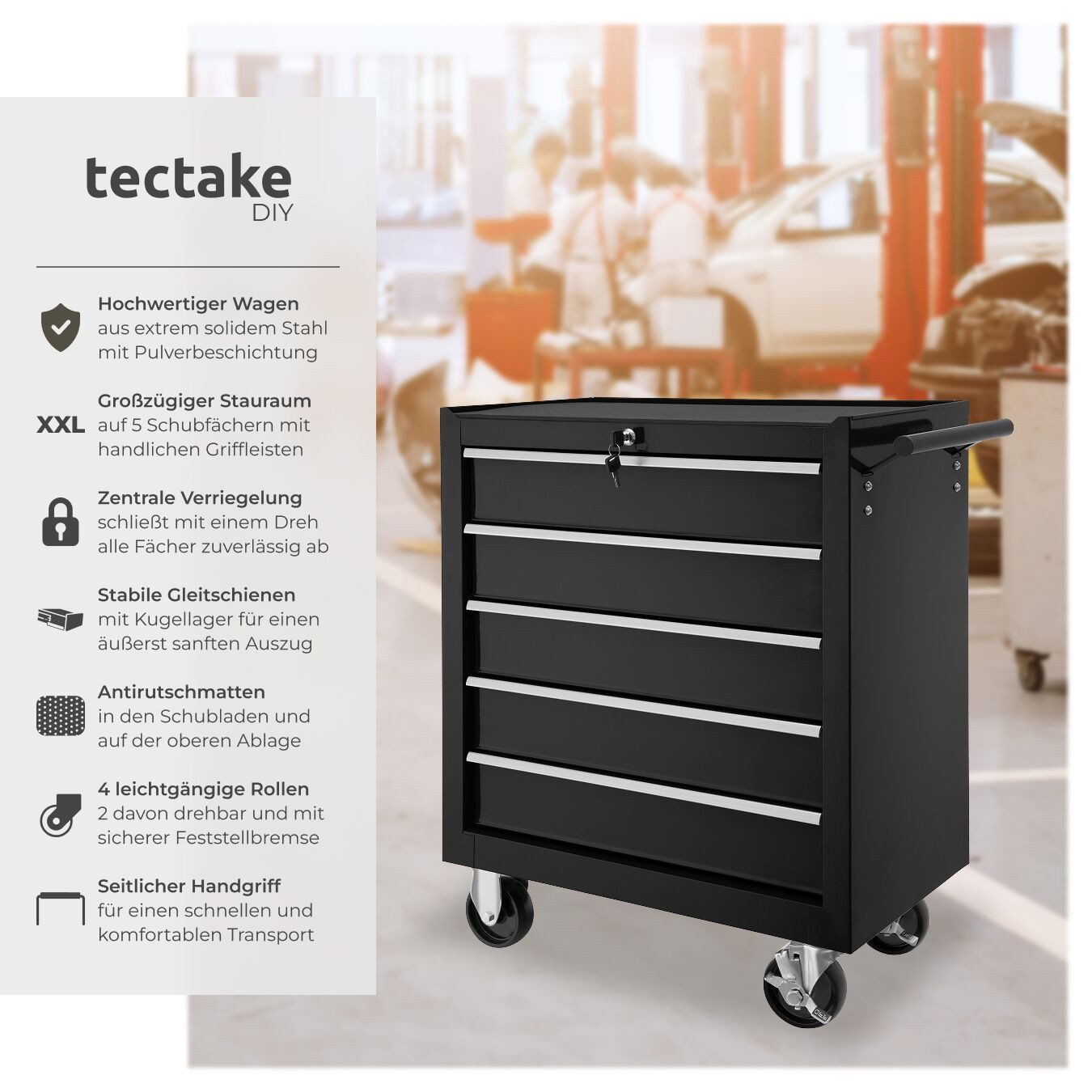 tectake Werkzeugwagen Werkstattwagen, Belastbarkeit 150 kg, zentrale, schwarz, (Werkzeugkoffer leer, in schwarz), 5 kugelgelagerte Schubladen mit Antirutschmatten, Rollen Ø 100 mm