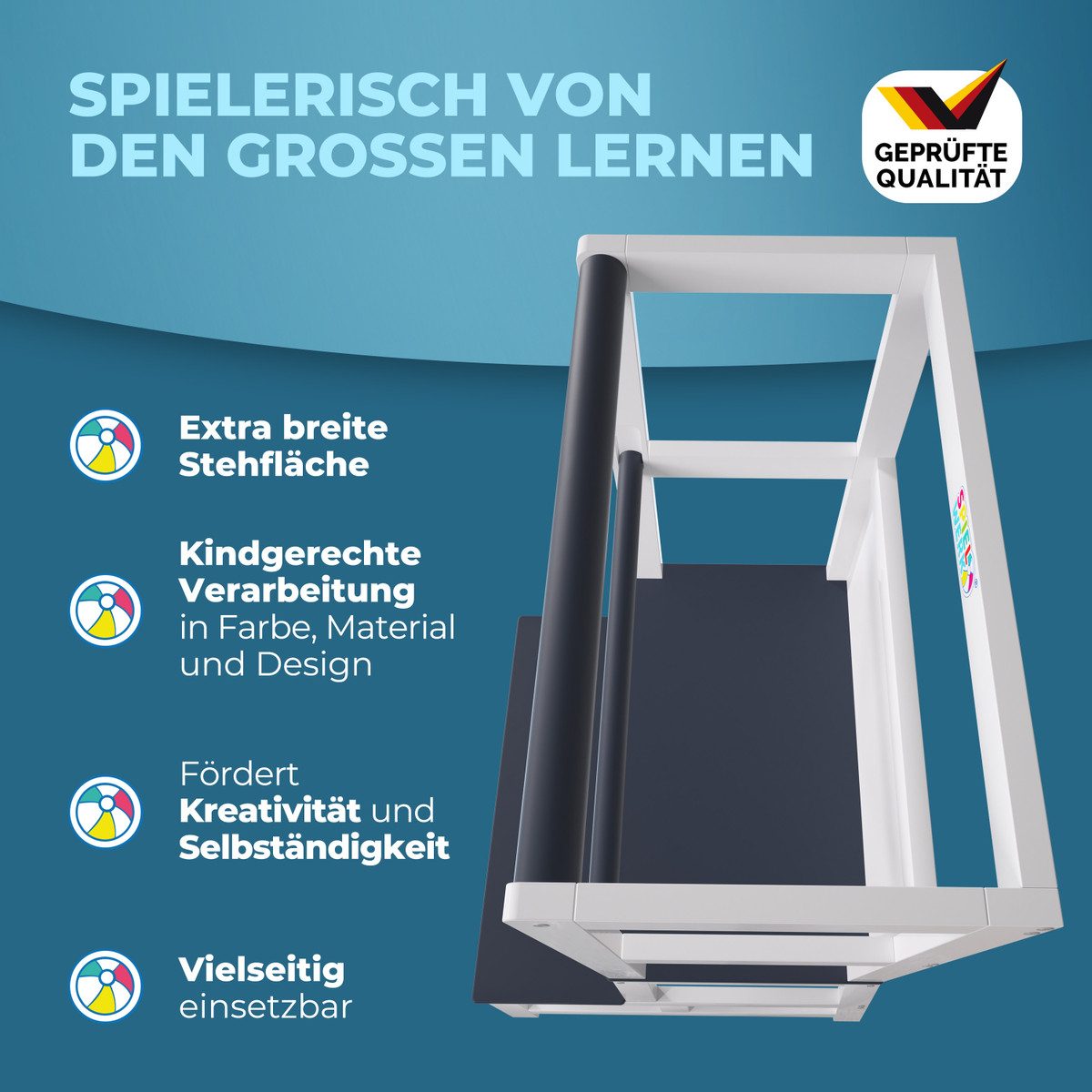 Spielwerk Stehhilfe, Lernturm ab 2 Jahren mit Tafel Montessori Tritthocker Lernstuhl Holz