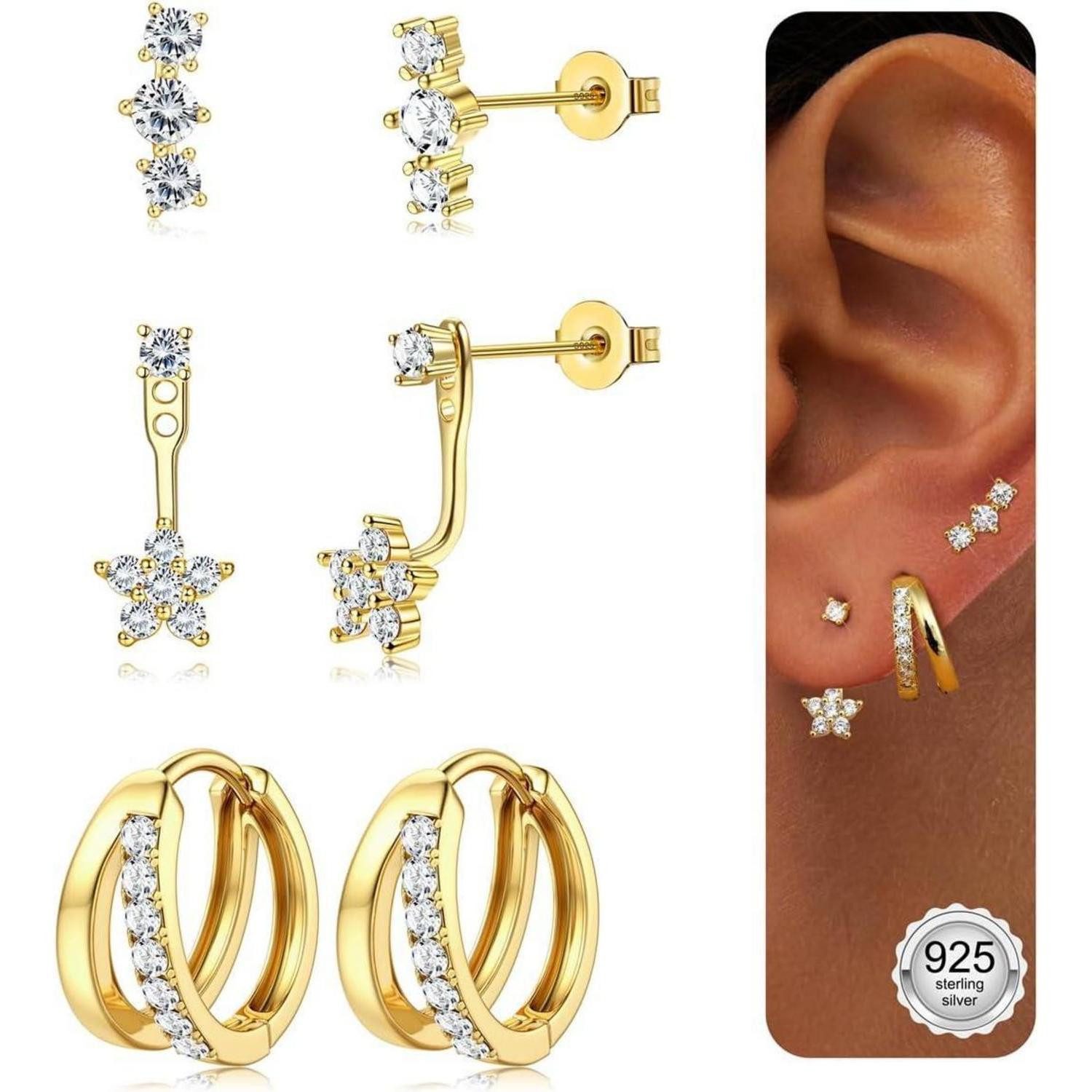 LuxusKollektion Ohrring-Set Ohrringe 3 Paar Silber Gold 14K 925 Ohrstecker Creolen Set Gold-C