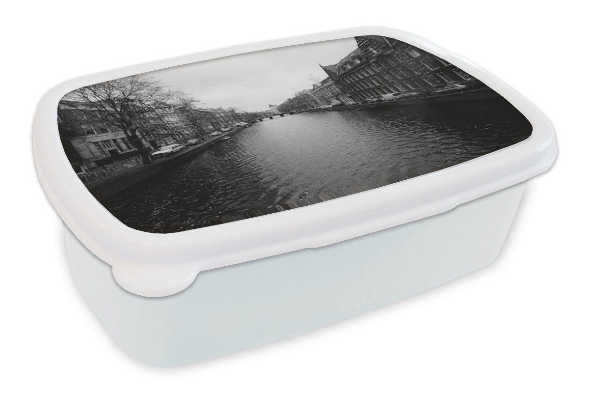 MuchoWow Lunchbox Amsterdamer Gracht - Schwarz und weiß, Kunststoff, (2-tlg), Brotbox für Kinder und Erwachsene, Brotdose, für Jungs und Mädchen