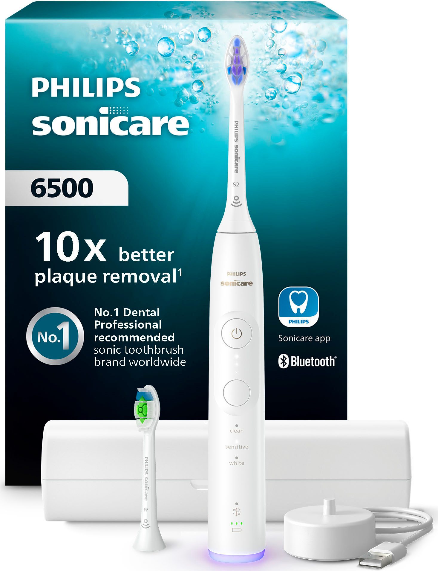 Philips Sonicare Elektrische Zahnbürste Series 6500 HX7410/02, Aufsteckbürsten: 2 St., mit Andruckkontrolle, 3 Intensitätsstufen, inkl. Ladegerät, Reiseetui