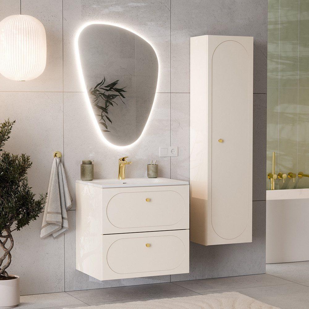 Lomadox Badmöbel-Set DESENZANO-56, (Spar-Set, 3-St., Hochschrank LED-Spiegel Waschtisch), mit 60cm Waschtisch und LED-Spiegel, beige