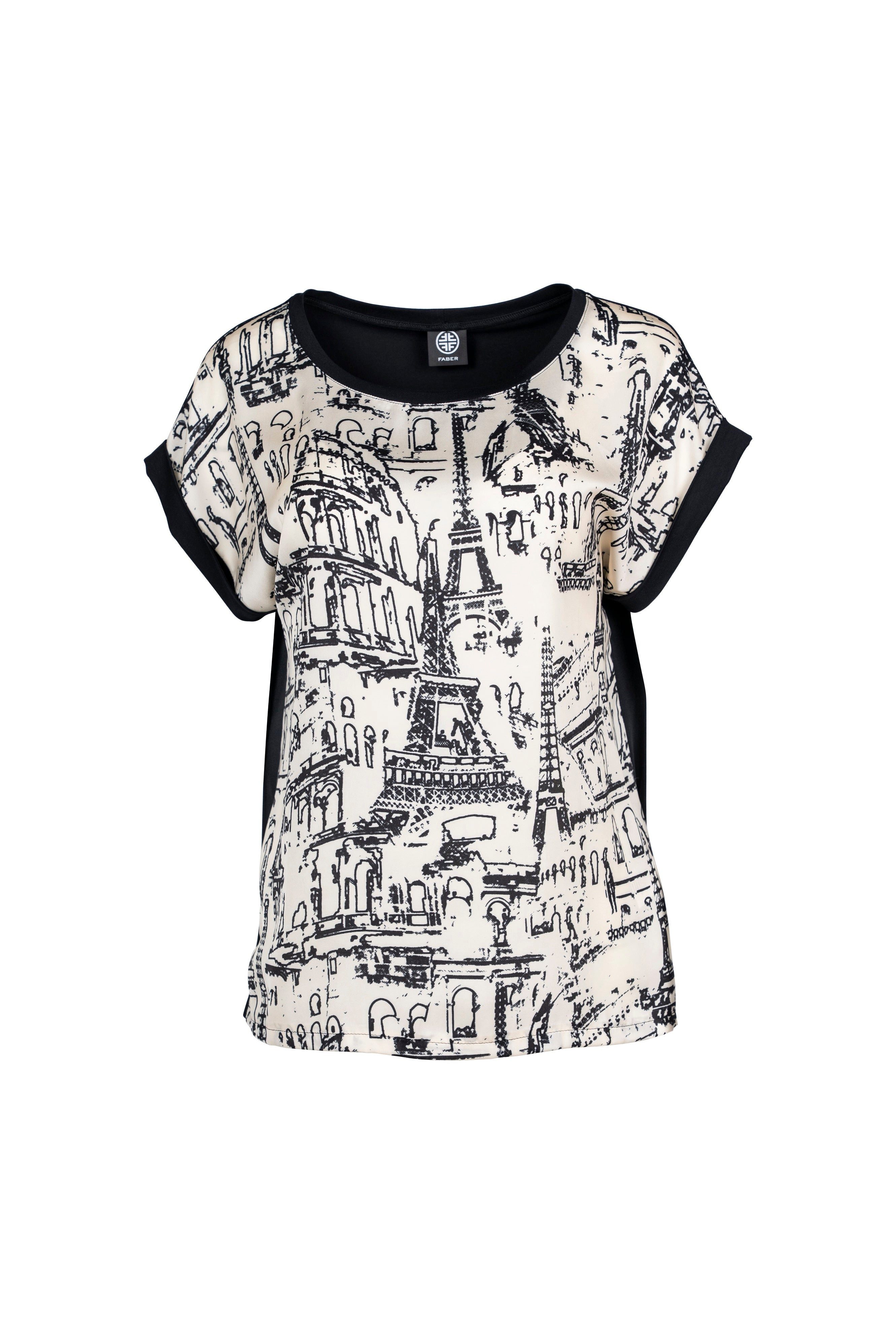 Faber Blusenshirt Modisches Blusenshirt mit City-Print in schwarz/milk Vorderteil in Satinoptik