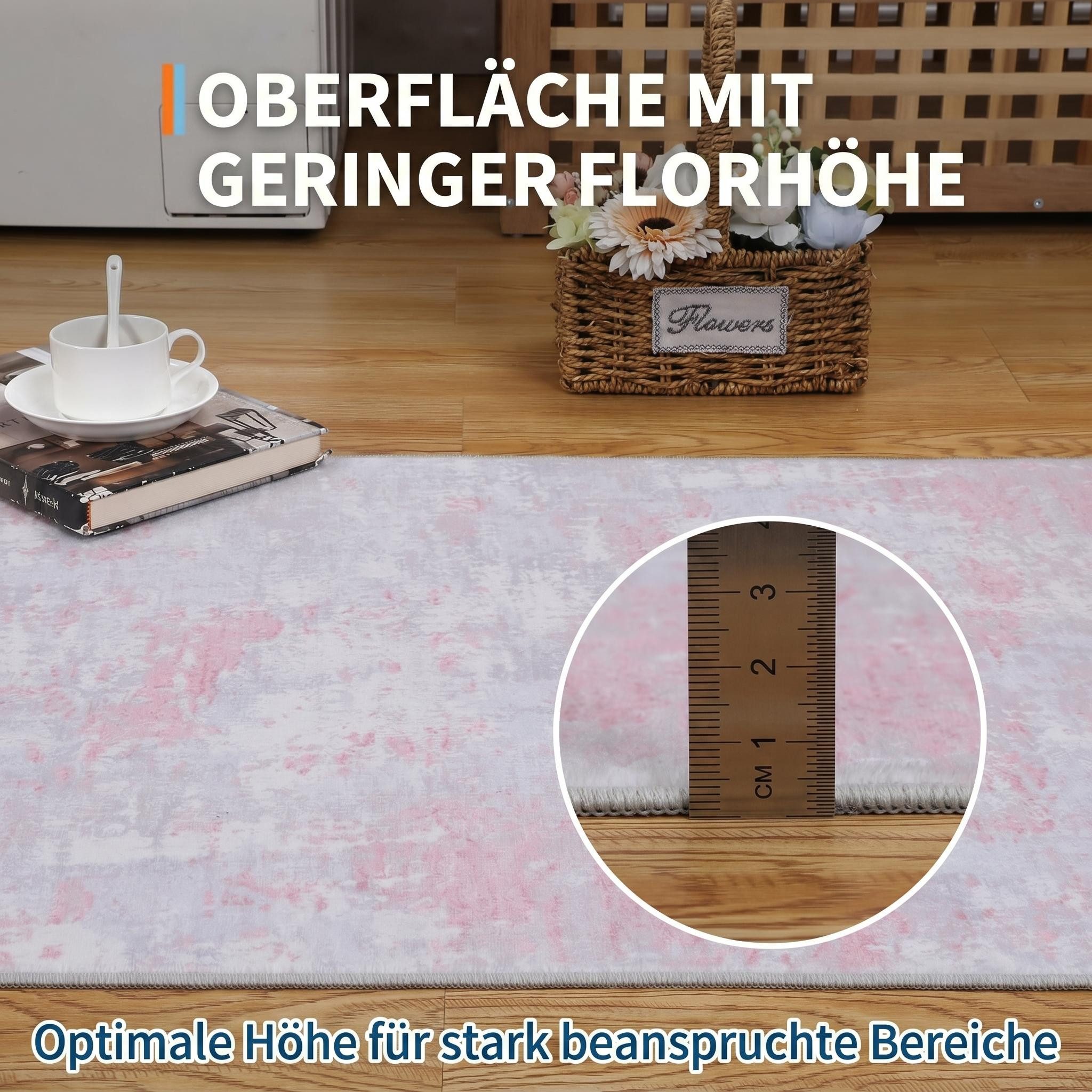 GarveeMore Teppich aus Perlvelours für Wohnzimmer & Schlafzimmer, faltbar, waschbar, rechteckig, Höhe: 5 mm, abstraktes Tuschmuster, rutschfeste Rückseite, 120x170 cm, Rosa