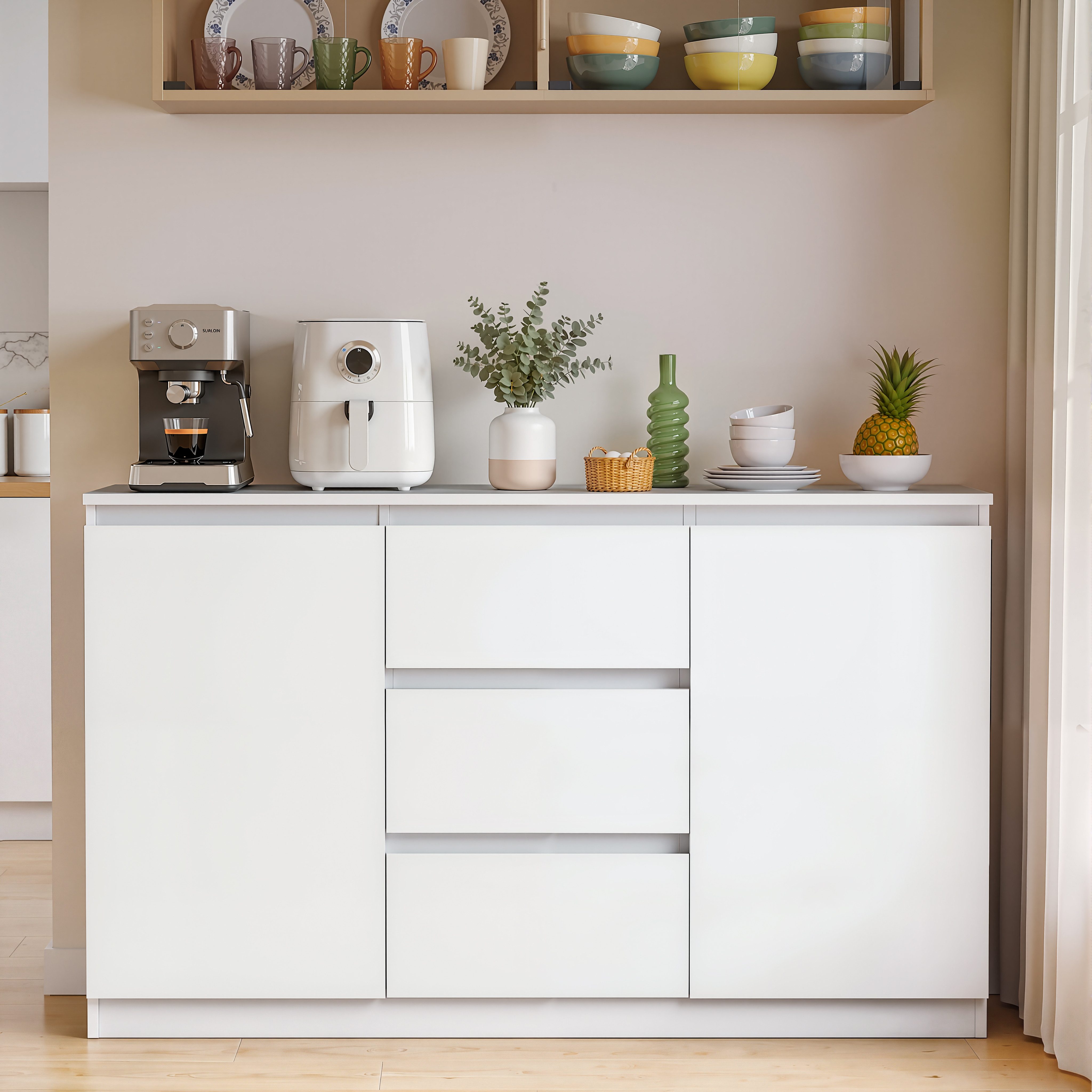 oyajia Sideboard Kommode mit 2 Türen und 3 Schubladen, 120 cm breit (Moderne Griffloses Design, verstellbare Einlegeböden), Kommode, …