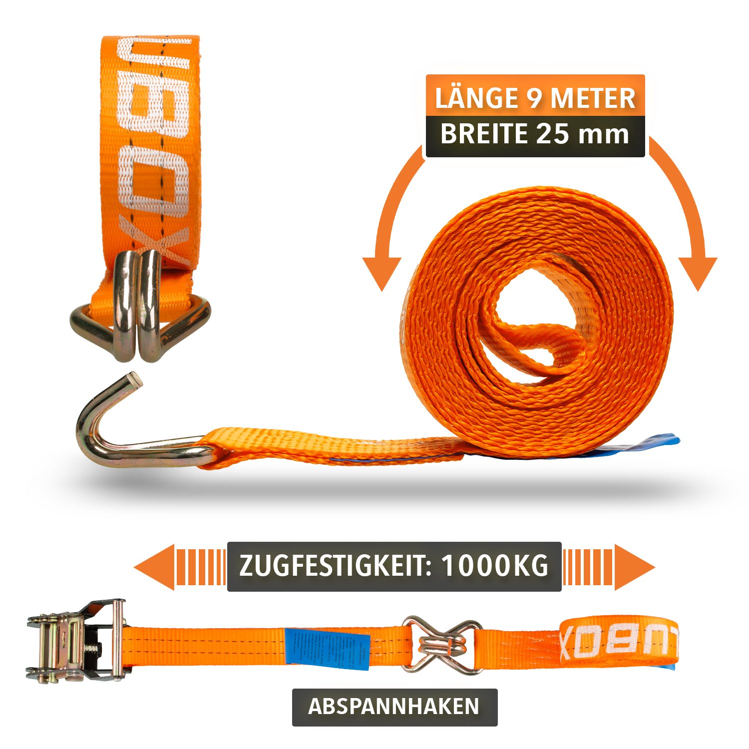 ALUBOX Zurrgurt Spanngurte mit J-Haken 38mm breit (1-St) Tüv geprüft