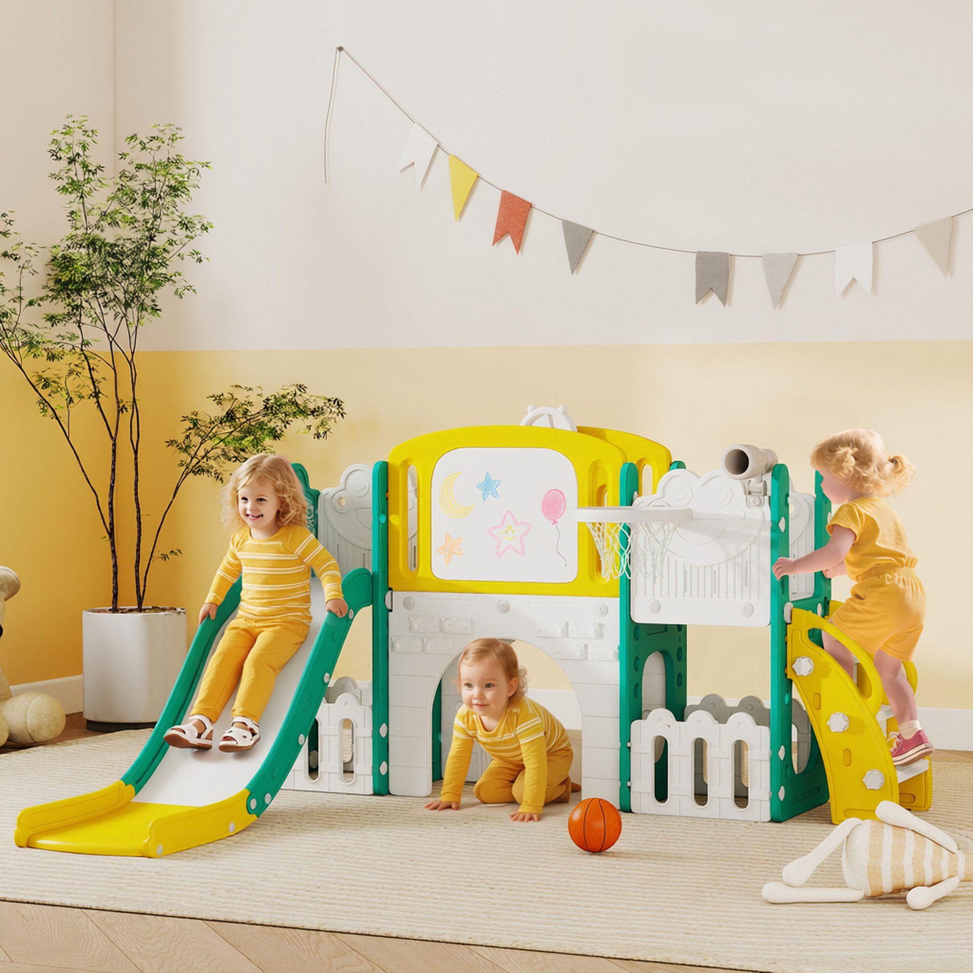 AIYAPLAY Rutsche Klettergerüst 7 in 1 Babyrutsche mit Basketballkorb, Tunnel, (Spielplatz, 1-tlg., Kinderrutsche), für Kleinkinder 1-3 Jahre, Gelb – Bild 2 von 5