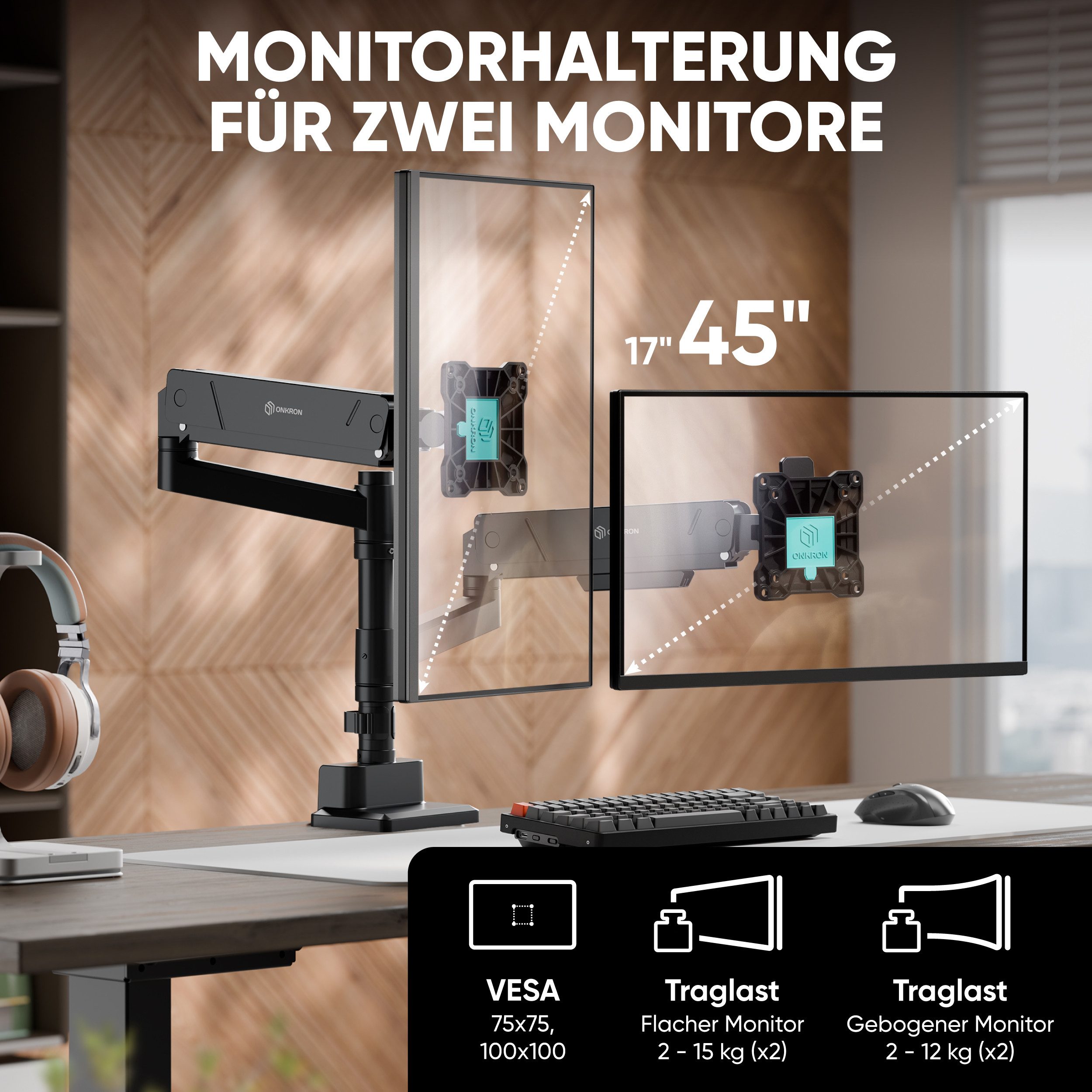 ONKRON Monitor-Halterung 17-45 Zoll, bis 15 kg pro Arm, VESA 75x75-100x100, G140-B, (bis 32 Zoll, neigbar, schwenkbar, drehbar, höhenverstellbar, Schnellverschl – Bild 2 von 5