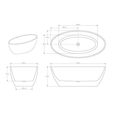 Bernstein Badewanne TERRA, (modernes Design / Acrylwanne / Sanitäracryl / mit Siphon), freistehende Wanne / Schwarz / 160 cm x 80 cm / Acryl / Oval