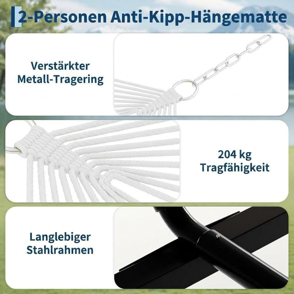 GarveeMore Hängematte für 2 Personen mit Gestell,robuste,mit Balancierseil, Doppelhängematte mit Balancierseil,204kg Tragkraft,für Terrasse,Garten