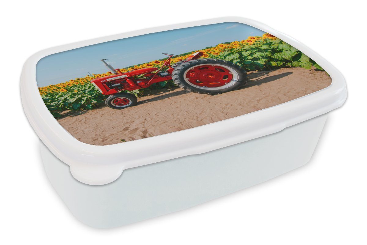 MuchoWow Lunchbox Traktor - Rot - Sonnenblume - Bauernhof - Blumen, Kunststoff, (2-tlg), Brotbox für Kinder und Erwachsene, Brotdose, für Jungs und Mädchen weiß