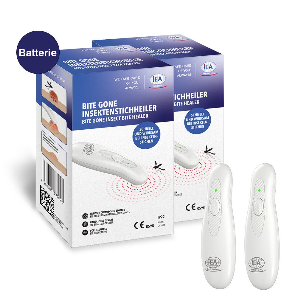 IEA Medical Insektenstichheiler 2er Set Elektrischer Stichheiler Batterie, 2 Modi, kompakt, 2-tlg., 2er Set, Sofort einsatzbereit, ohne Cremes, ideal für zuhause & unterwegs
