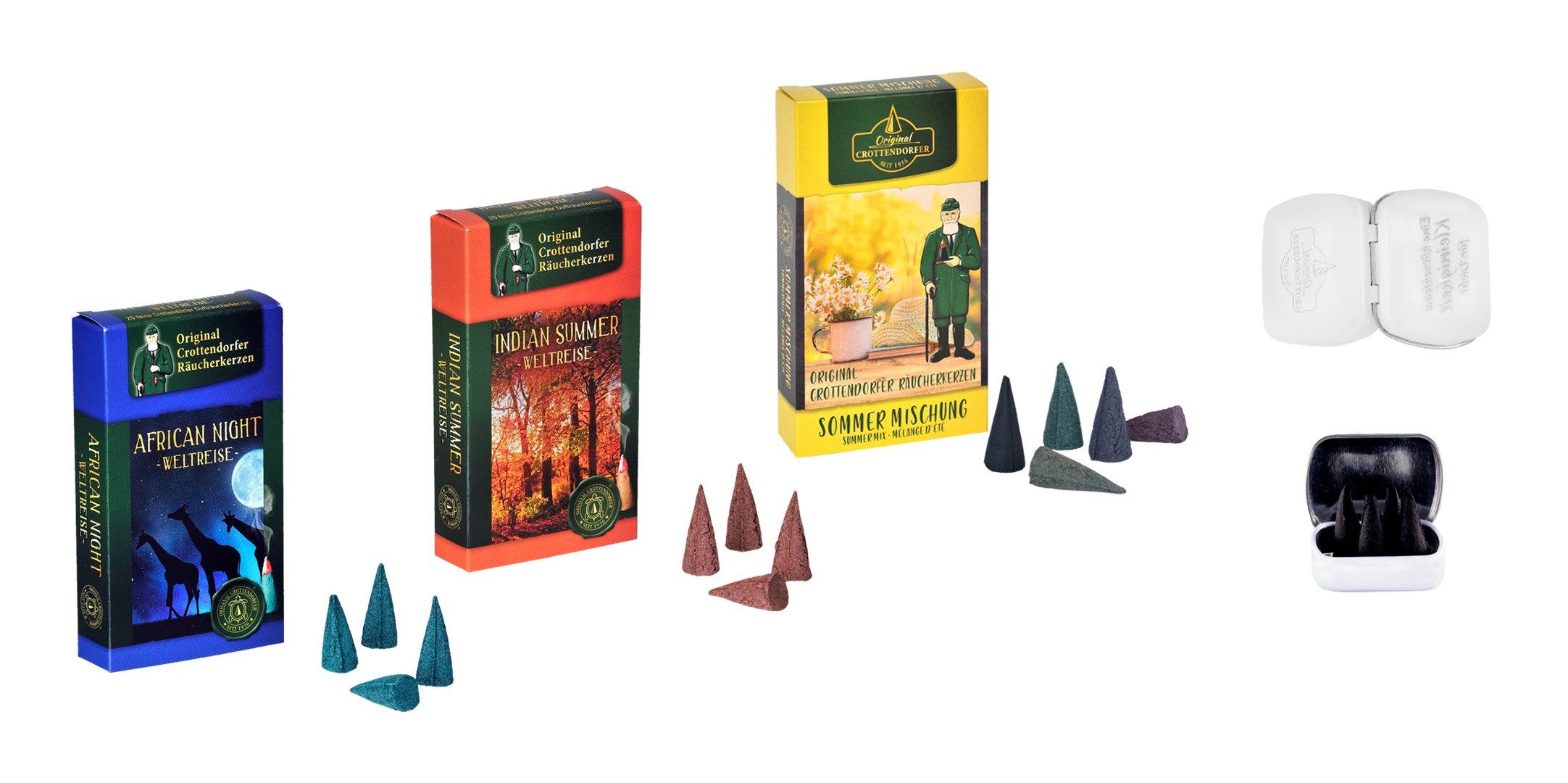 Crottendorfer Duftkerze Räucherkerzen - Sommer der Welt - 3er Set + 4 Haamitkerzle in Dose, mit sommerlichem Mix und exotischen Düften - Made in Germany