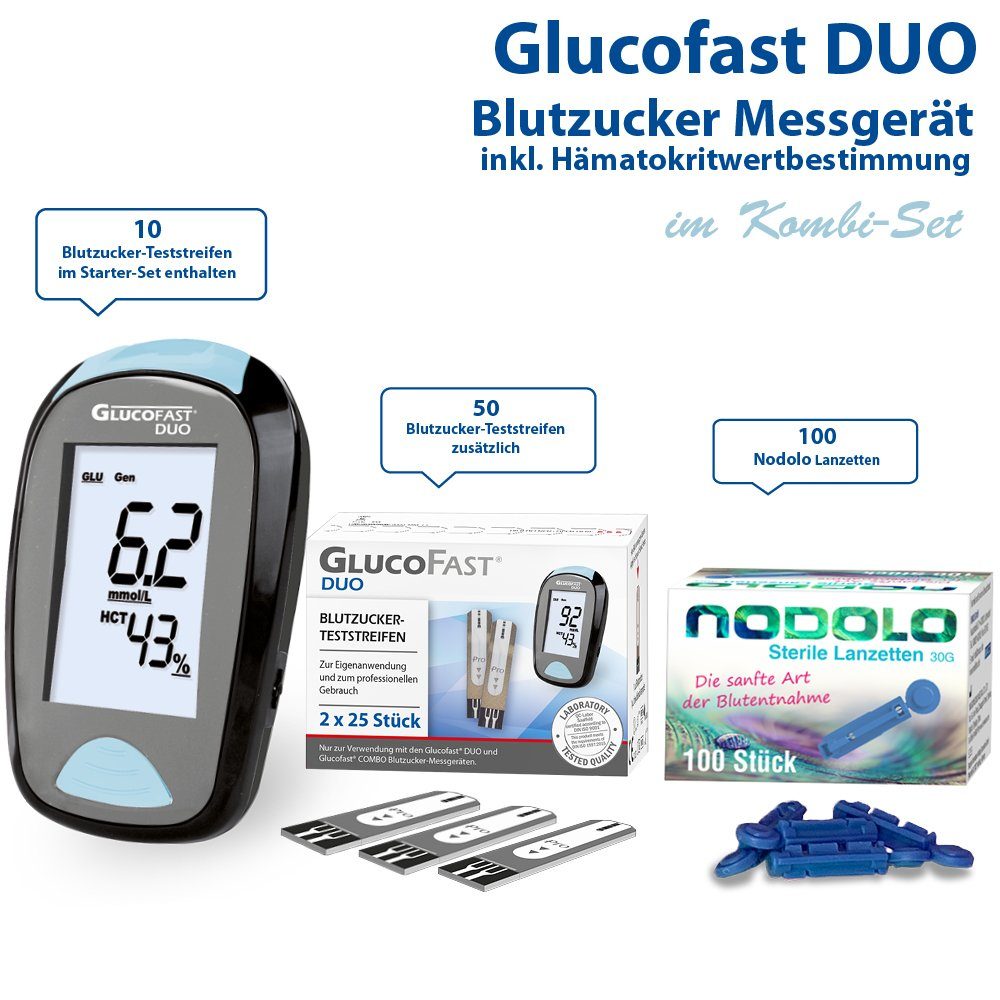 GLUCOFAST Blutzuckermessgerät DUO in MG, Blutzuckermessgerät komplettset, Ink. 60 Blutzucker Teststreifen, 110 Lanzetten und 1 Lanzettiergerät