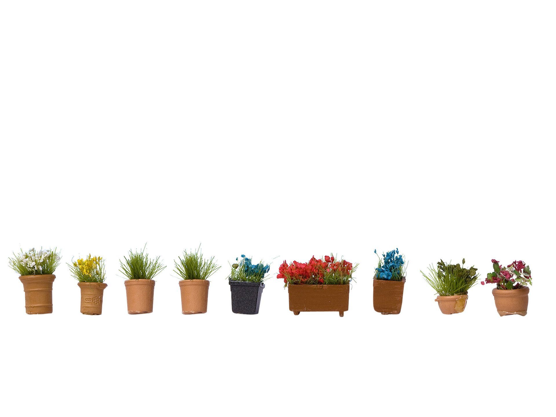 Modelleisenbahn-Grasfasern Blumen in Blumentöpfen, Modellpflanzen Set, 9 Blum
