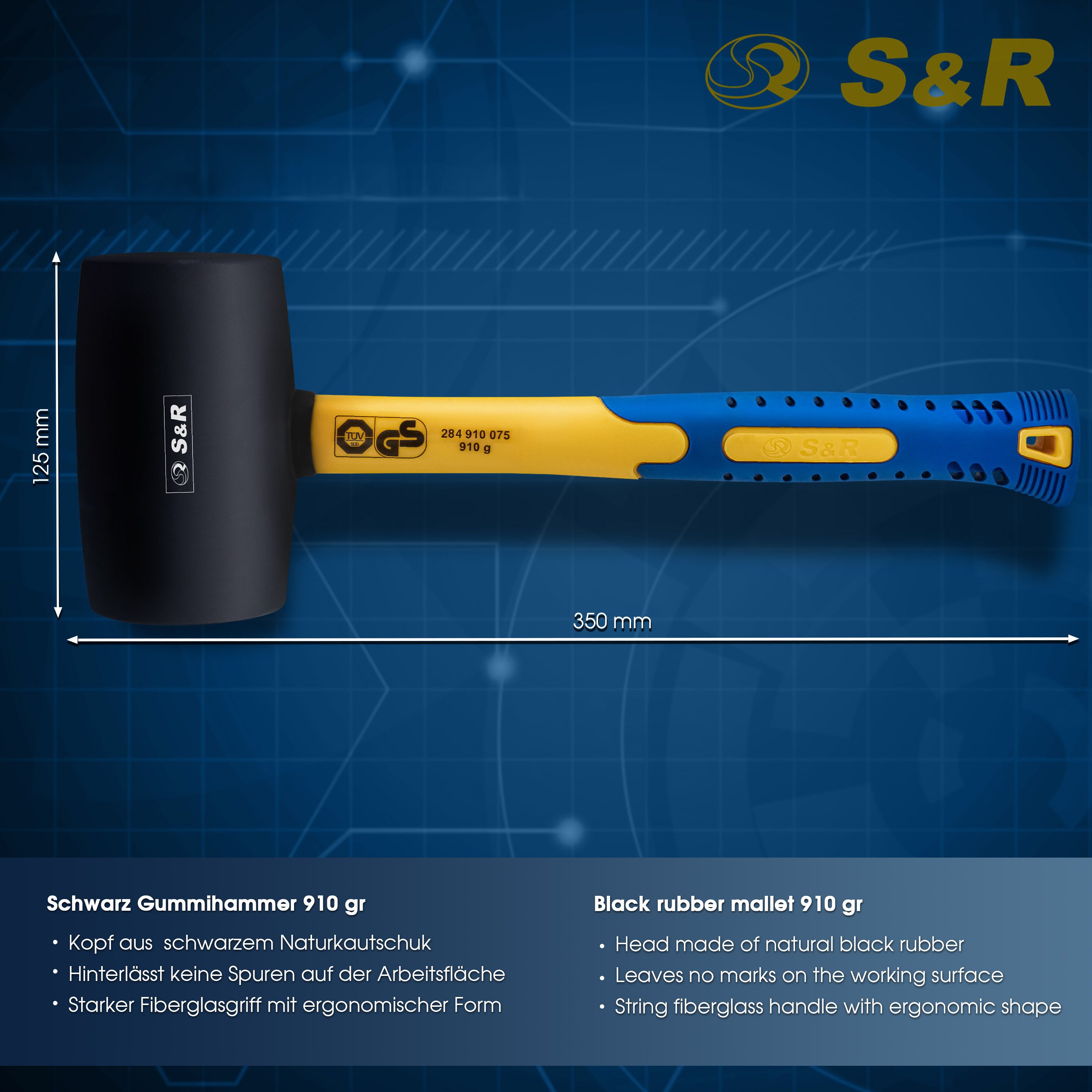 S&R Gummihammer Schwarz 910g aus Naturkautschuk mit stoßdämpfendem Fiberglasstiel (1-St), für Außenarbeiten zB. Pflastersteine, Fliesen, Camping - GS geprüft