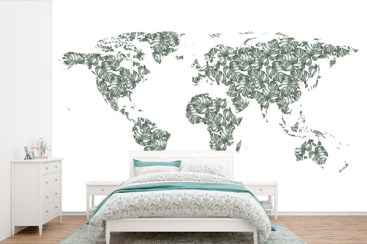 MuchoWow Fototapete Weltkarte - Tropische Pflanzen - Weiß, Matt, bedruckt, (6 St), Wallpaper für Wohnzimmer, Schlafzimmer, Kinderzimmer, Vinyl Tapete
