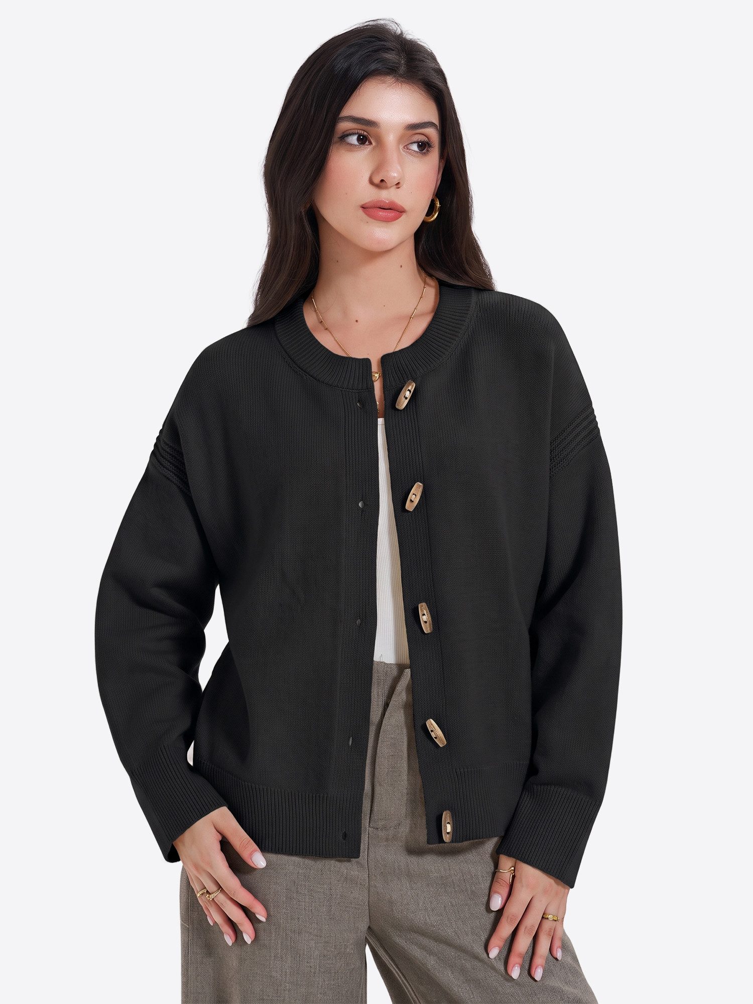 Imily Bela Cardigan Damen Kurze Strickjacke mit Hornknopf‑Verschluss (Packung, 1-tlg., 1per-Pack) mit Rundhals