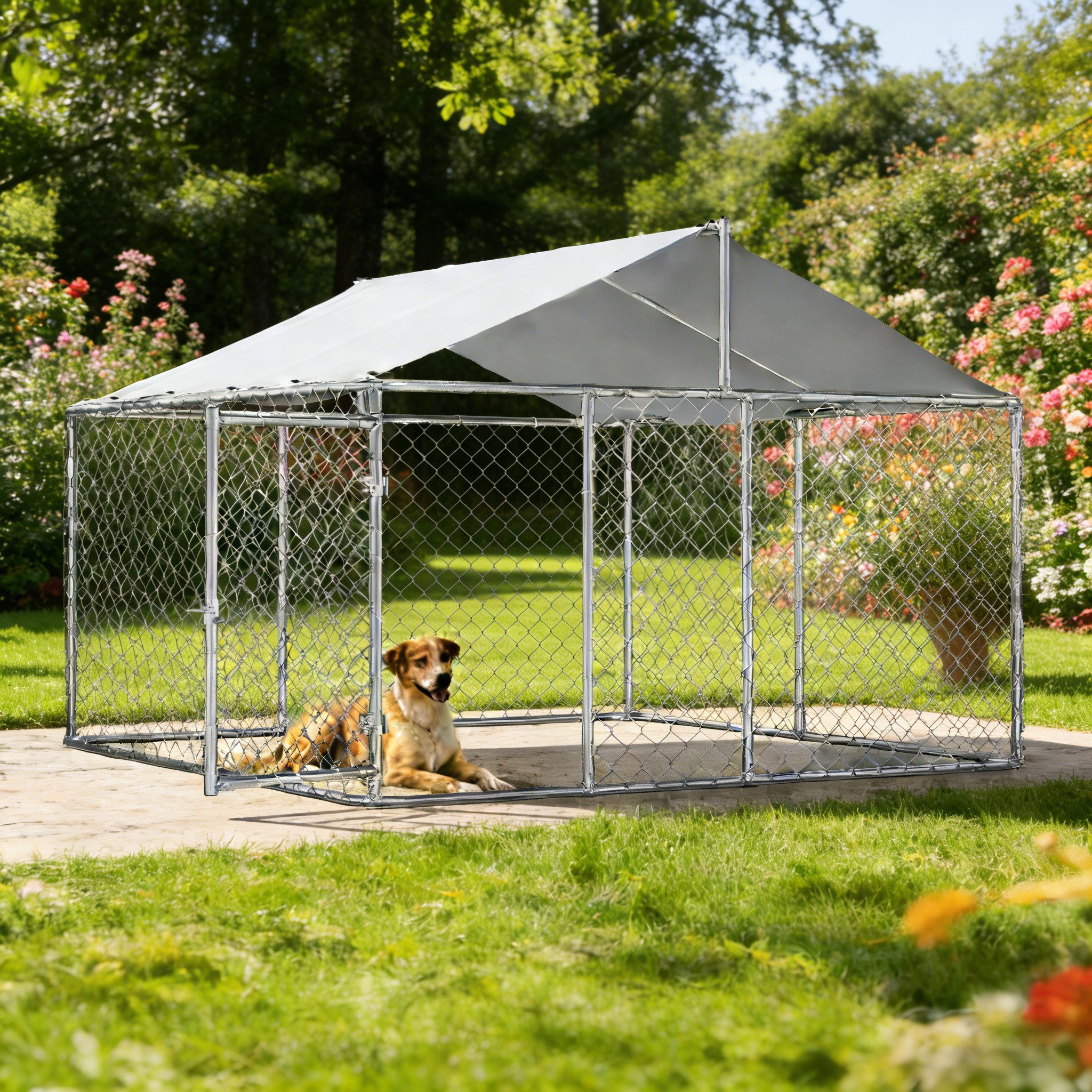 BlingBin Hundezwinger Outdoor Hundehütte mit Dach, verriegelbarer Sicherheitstür, Schwerlast, UV-beständige & wasserdichte Abdeckplane für Garten