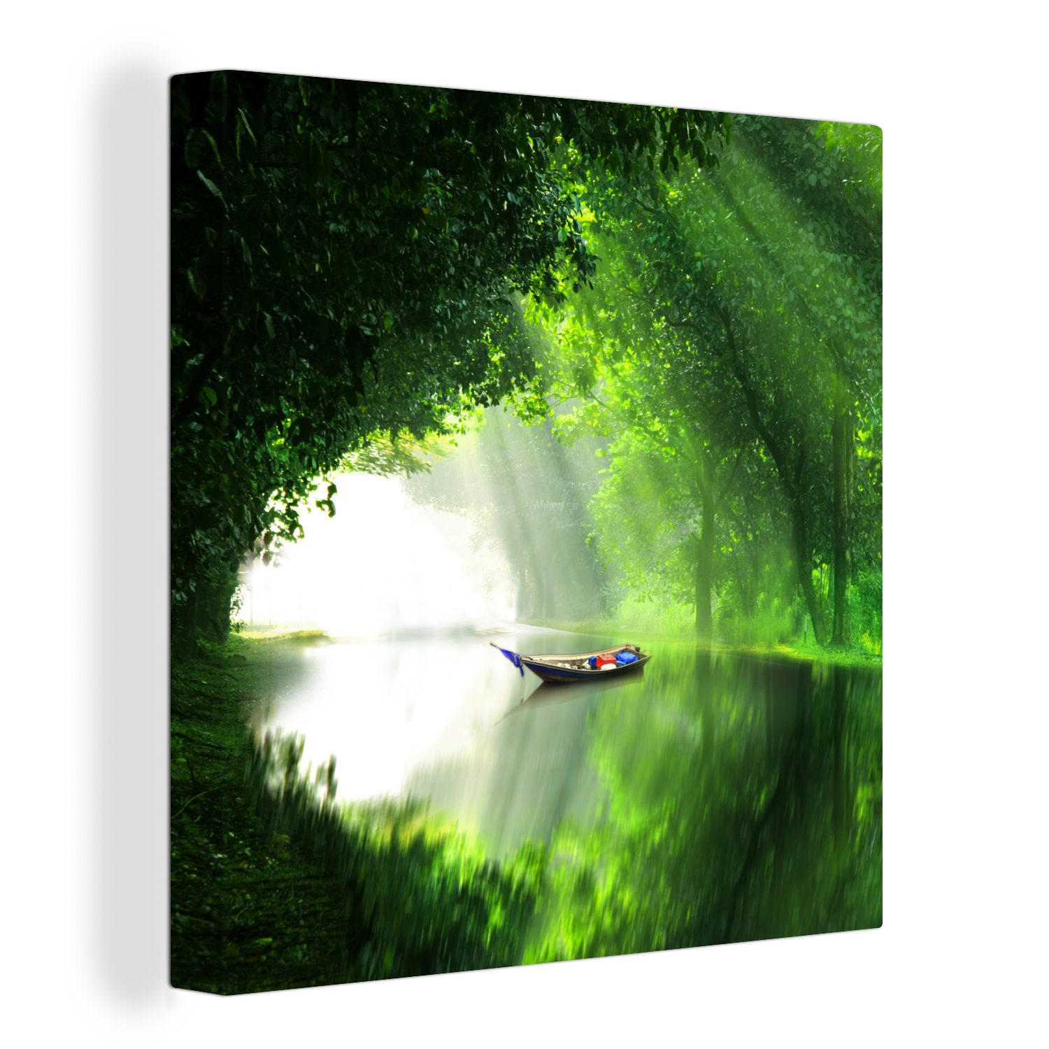 OneMillionCanvasses® Leinwandbild Ein Boot einem von Wohnzimmer umgeben Wald, Fluss, Leinwand Bilder Schlafzimmer grünem St), auf (1 für