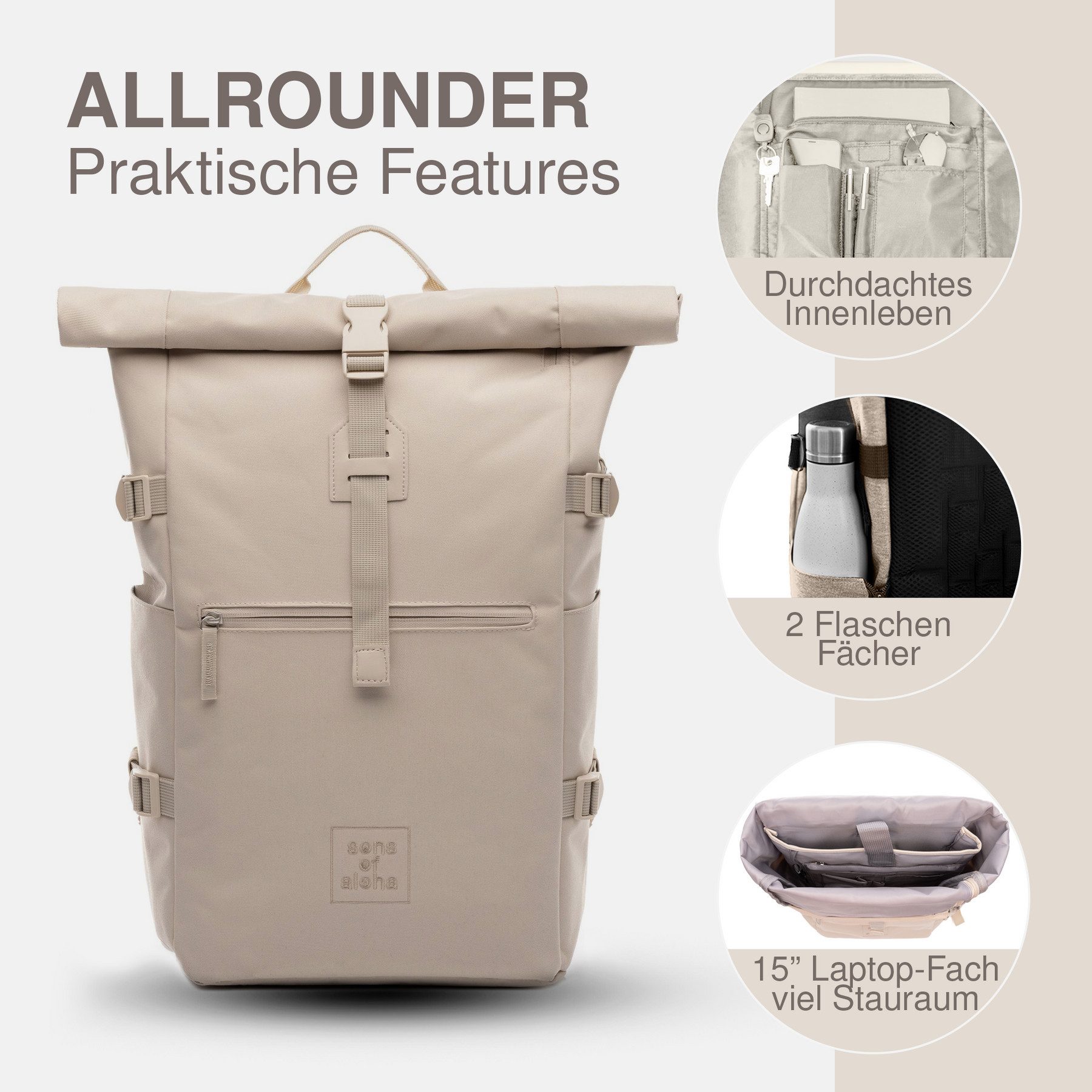 SONS OF ALOHA Rucksack XL RollTop Rucksack KANE erweiterbar Laptop-Fach groß, Tagesrucksack Laptopfach aus recyceltem Plastik, Daypack viele Fächer – Bild 5 von 5