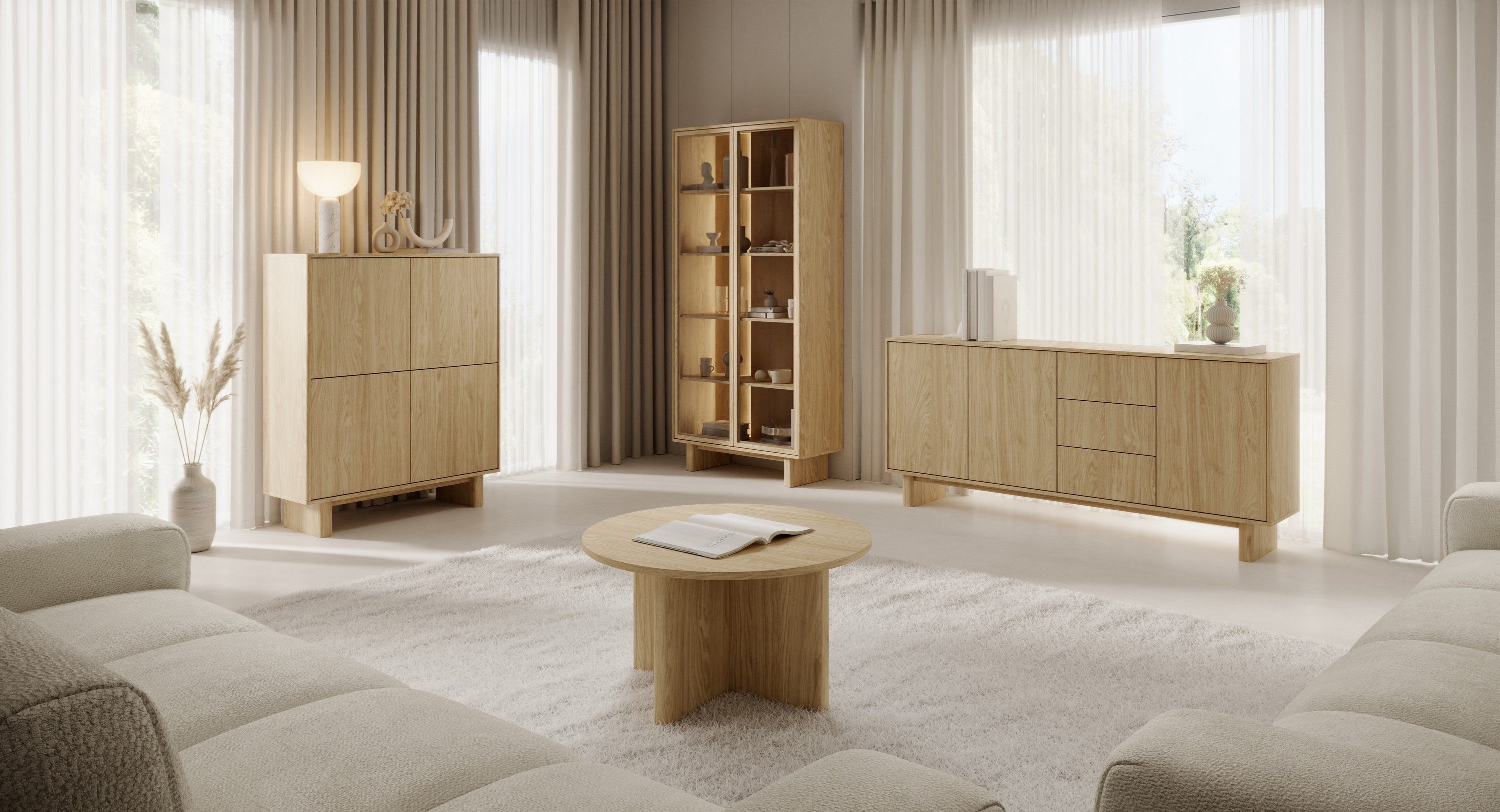 Masseno Kommode TRAVE 183,3 cm Sideboard mit 3 Schubladen und 3 Türen Eichefarben