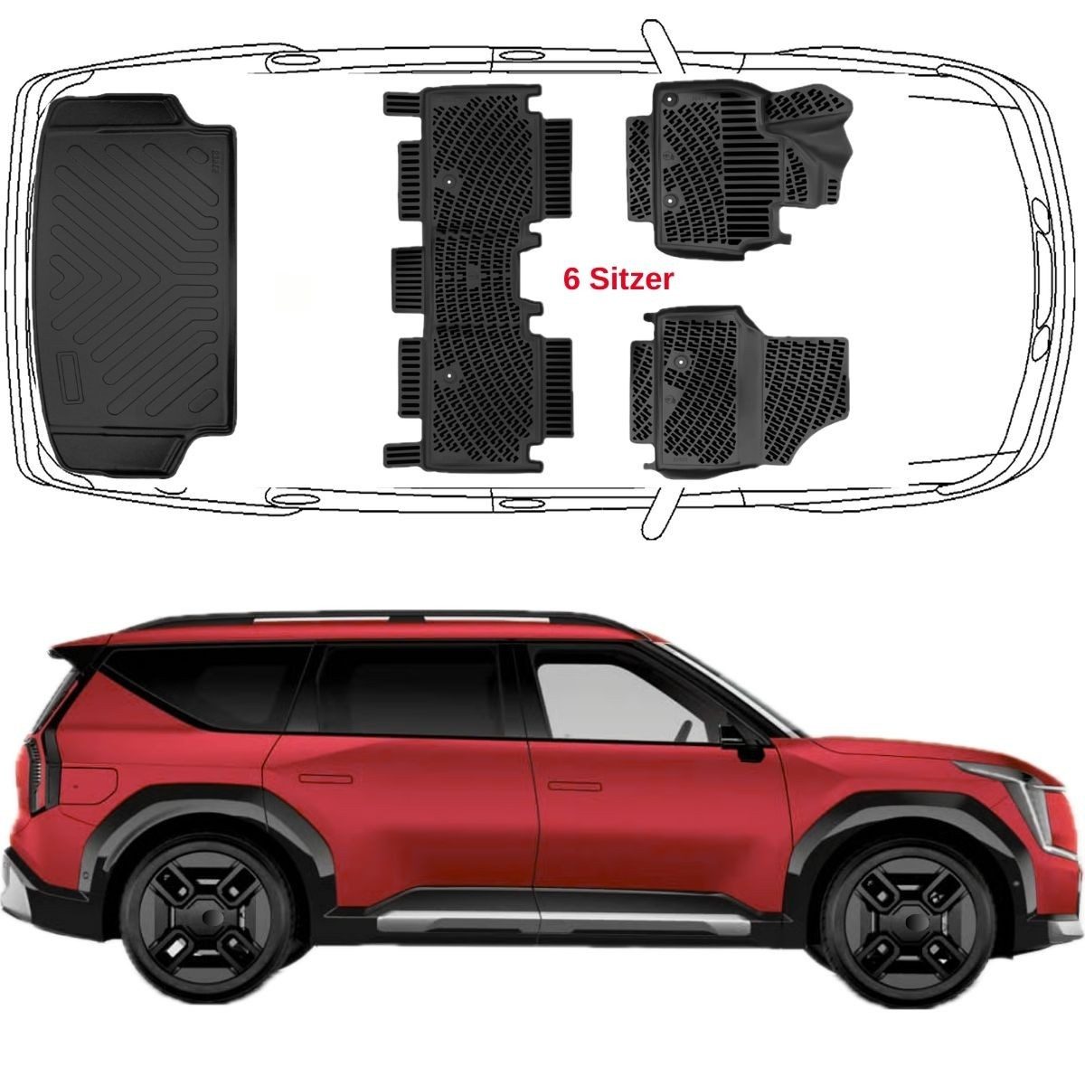 Trimak Passform-Fußmatten Oder Kofferraumwanne Oder Set kompatibel mit Kia EV9, Kia EV9 6 Sitzer ab 2024 Gummimatten Auto TPE Allwetter Fussmatten