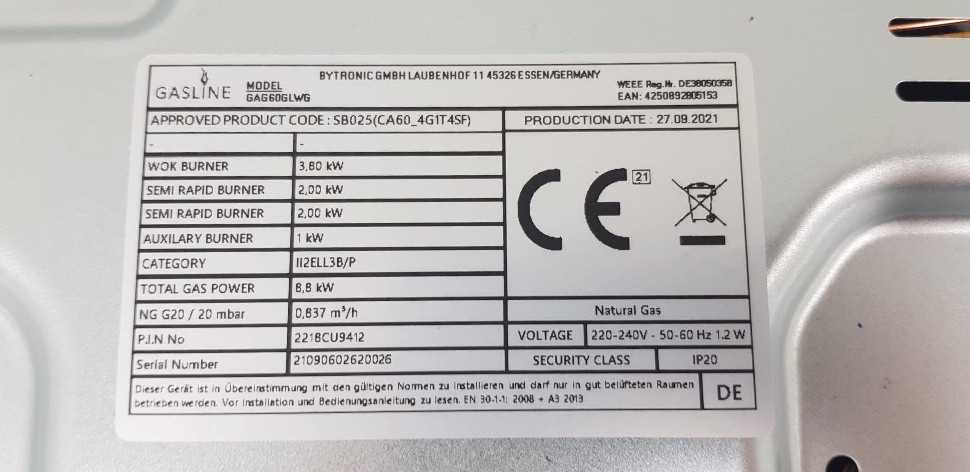 Gasline Gas-Kochfeld mit elektrische Zündung und Zündsicherung, 60cm breit, 4 flammig, 3,8kW Wok Brenner, autark GAG60GLWG, Glaskeramik, Erdgas 20mbar / Propangas 50mbar