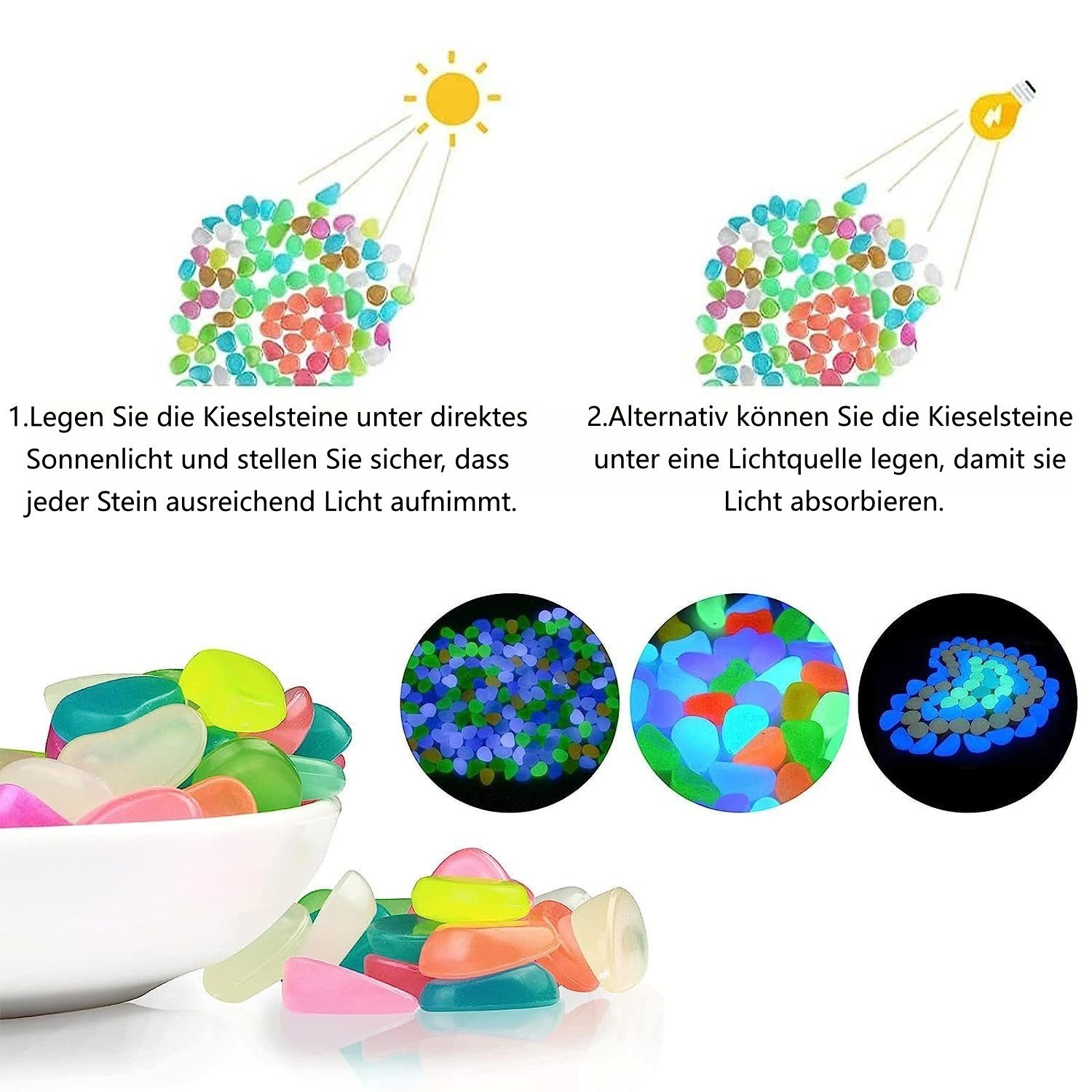 FOUORTUNATE-BEE Dekosteine 200x Leuchtsteine Nachtleuchtend für Garten & Aquarium, (200-St), Fluoreszierende Dekosteine für Teich, Weg & Außenbereich